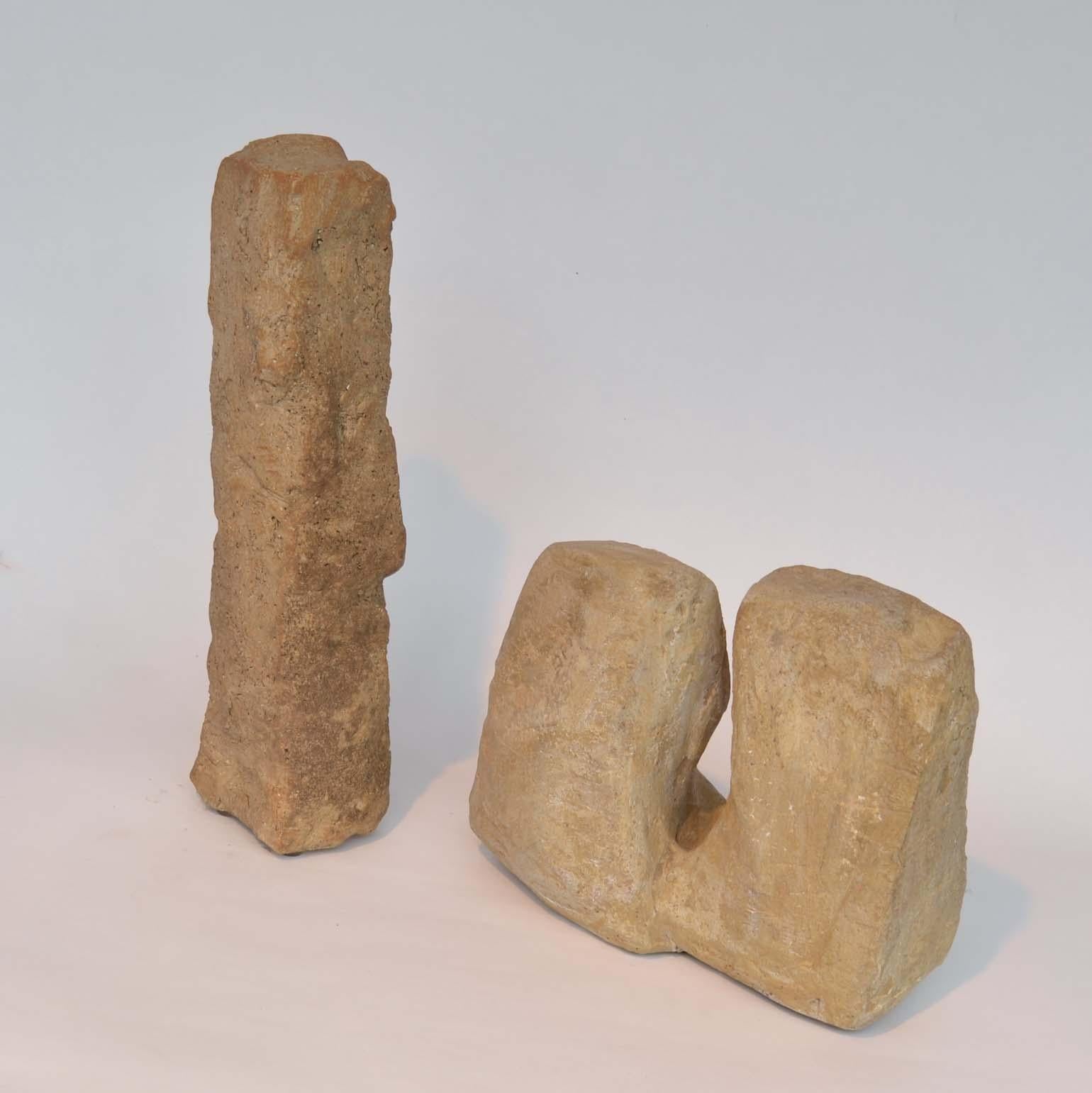 This hand formed ceramic sculpture resemble a freestanding rock in sand stone colour. His sculptures are hand-sculpted ceramic and coloured.
Blow's work echoes a voyage of discovery in not just the visible natural world of trees, rocks but the city
