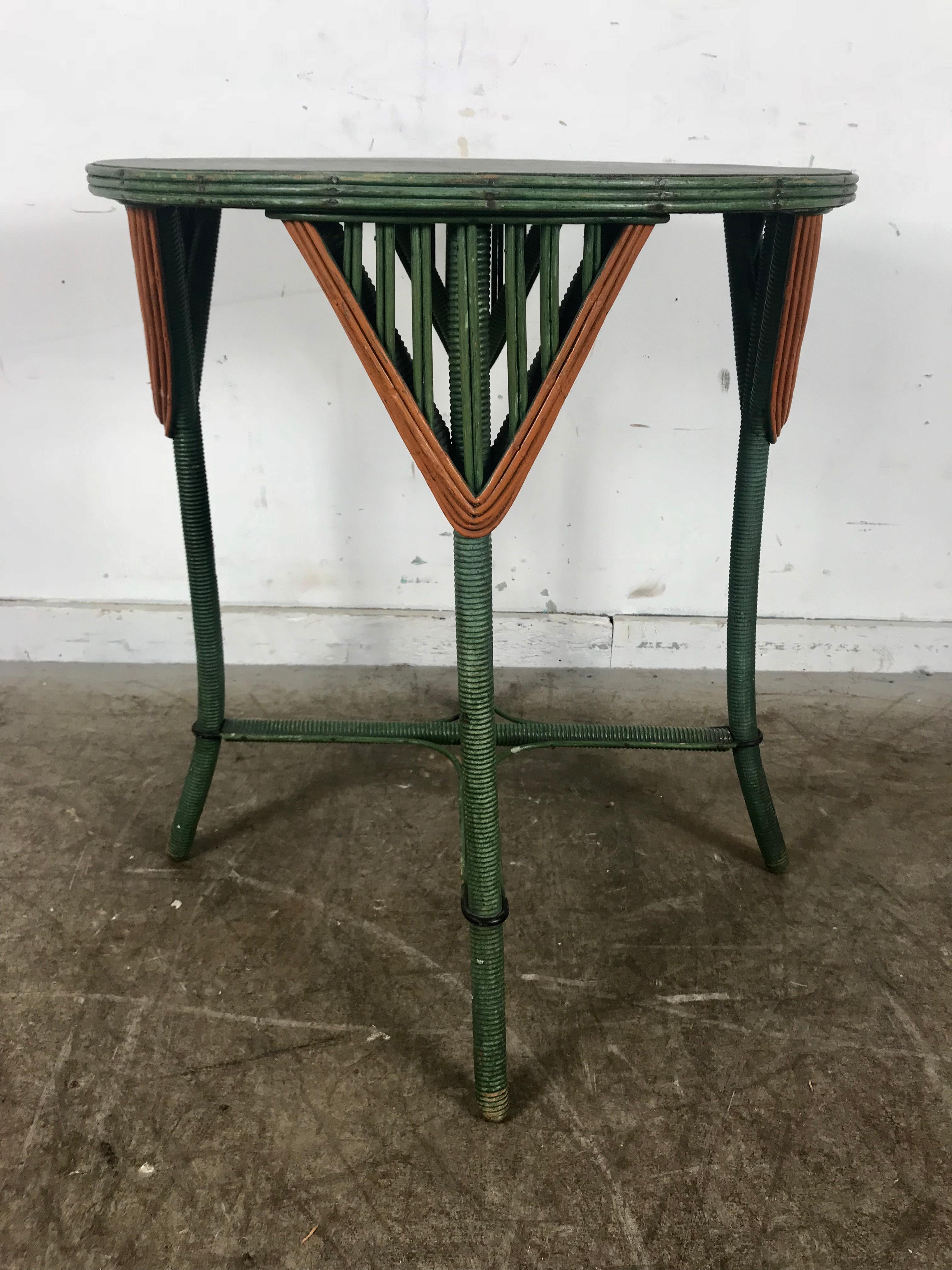 Art Deco split reed stick wicker lamp table, wonderful patina and color, structurally sound, nice old orange painted detailing.
