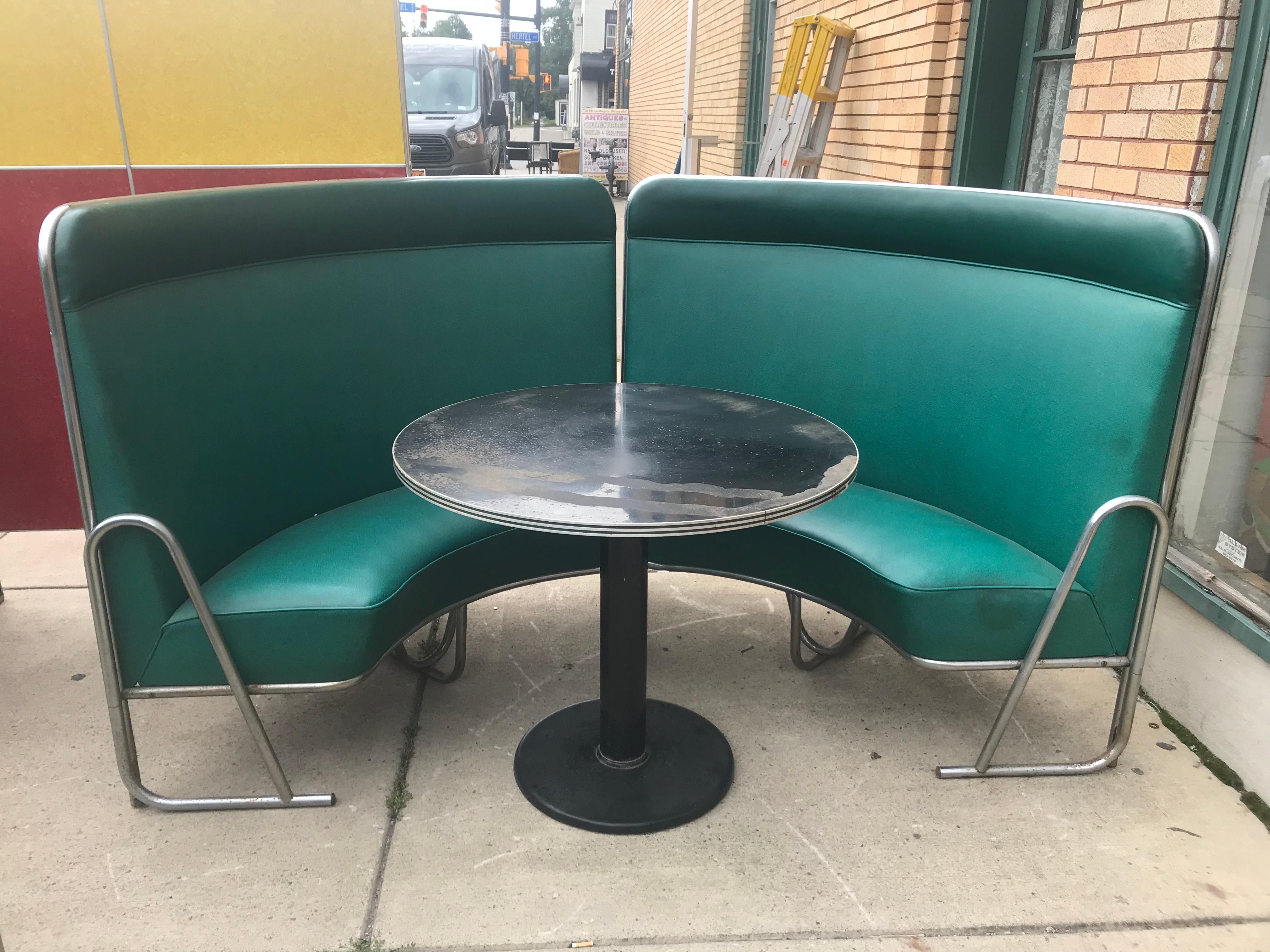 Original Art Deco diner, seats 40 designed by Wolfgang Hoffmann for Howell circa 1930s. Complete contents of diner dismantled in upstate New York,, seating for 40 people includes booths, tables counters and stools. Amazing Art Deco design tubular