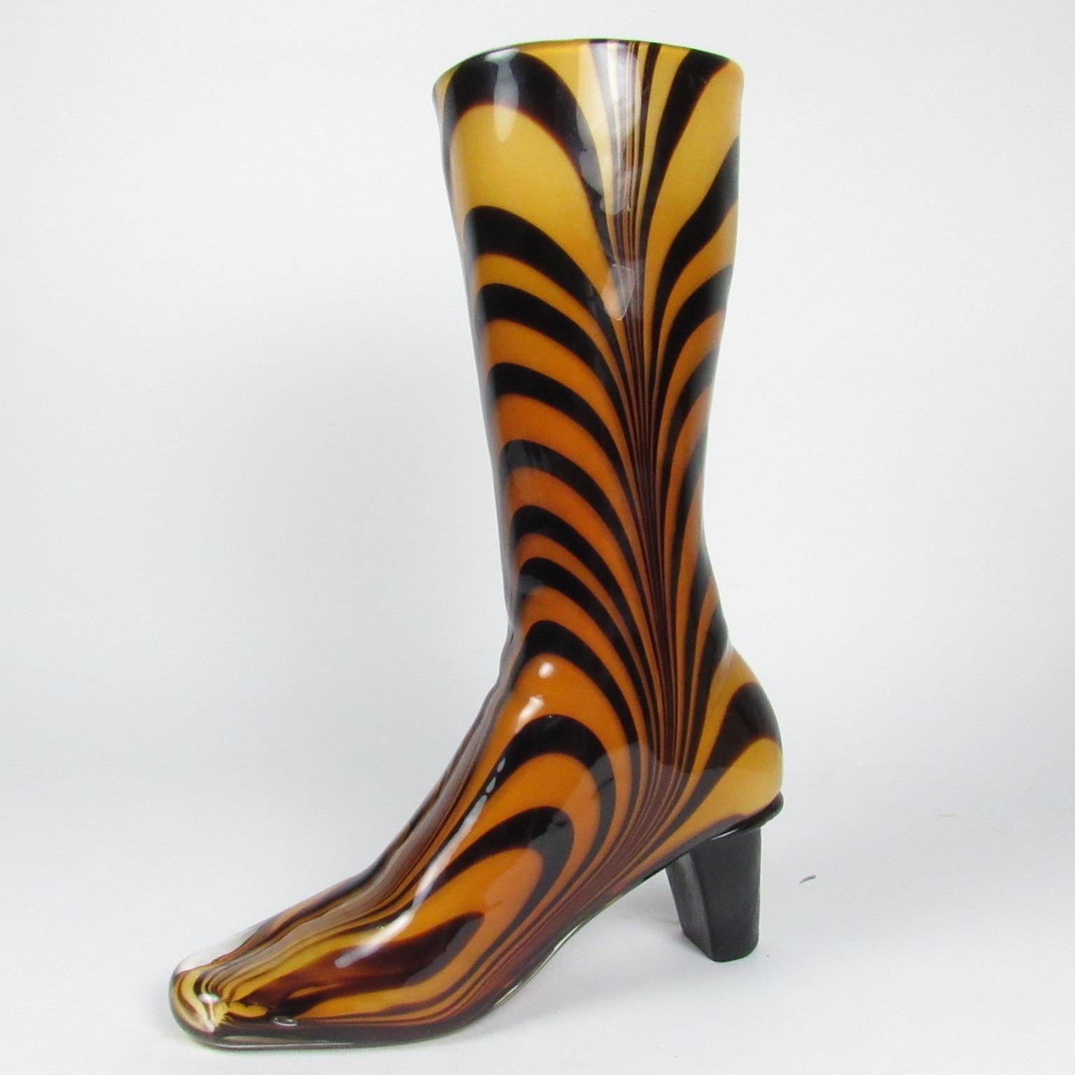 Mid-Century Modern Murano glass vase shaped as a ladies boot. A tall boot with a wild pattern in dark and light brown glass. Height: 13 in., 9 1/4 x 3 3/4 in.