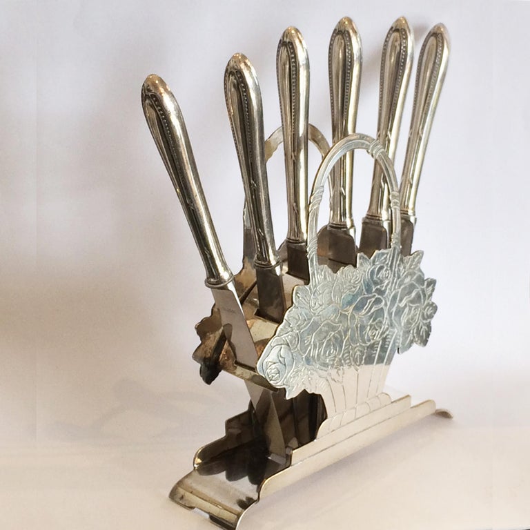 Art Deco German Silver Plate Fruit Knives in Stand Holder For Sale at