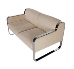 Mid-Century Modern White and Chrome Sofa or Loveseat After Milo Baughman