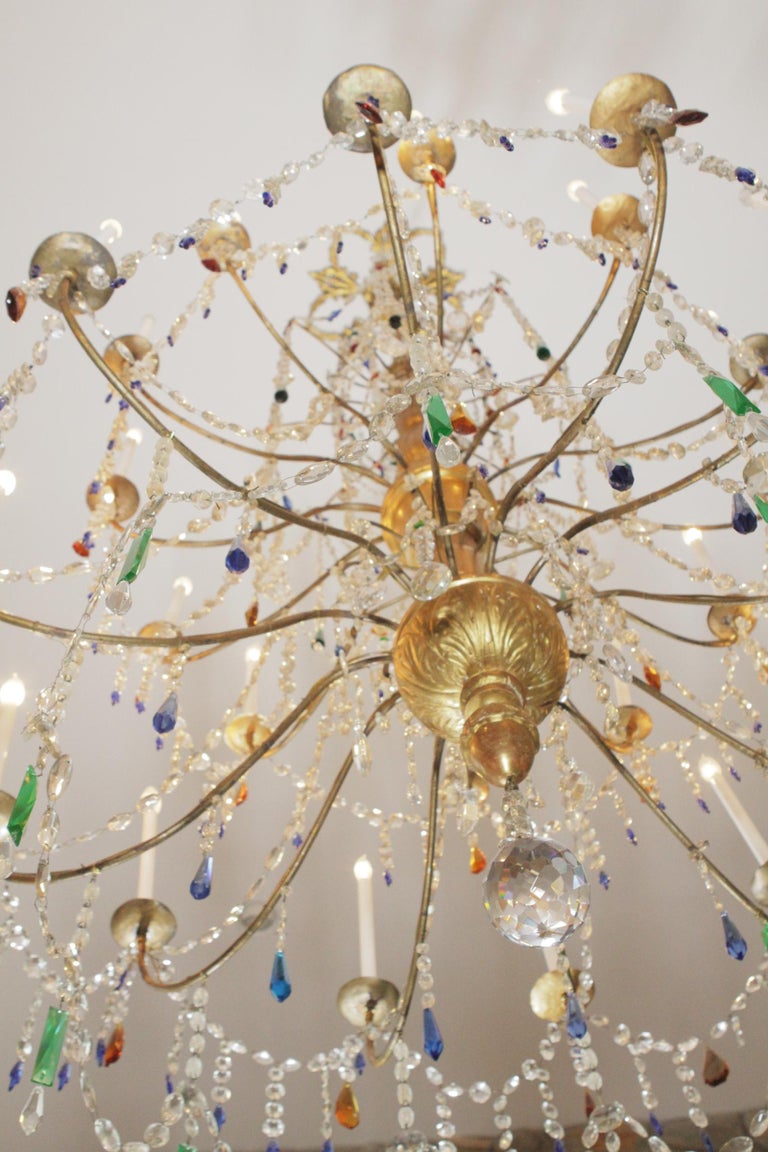 Large Fanciful Crystal And Gilt Metal Wood Venetian Chandelier An Impressively Large Chandelier With Clear And Multi Colored Beads Crystals The Fixture Has Two