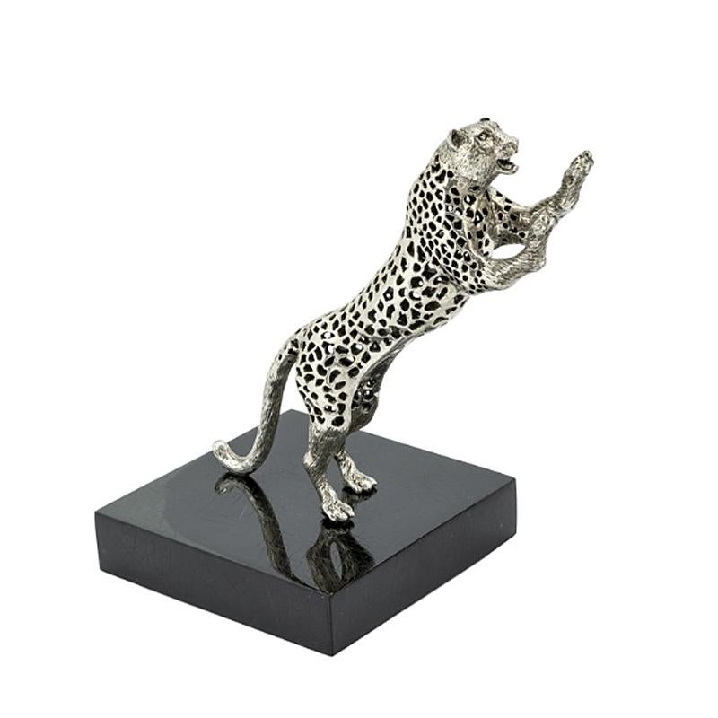 Bookend Leopard Set of two in silver 
plated brass on black polished glossy base.
 