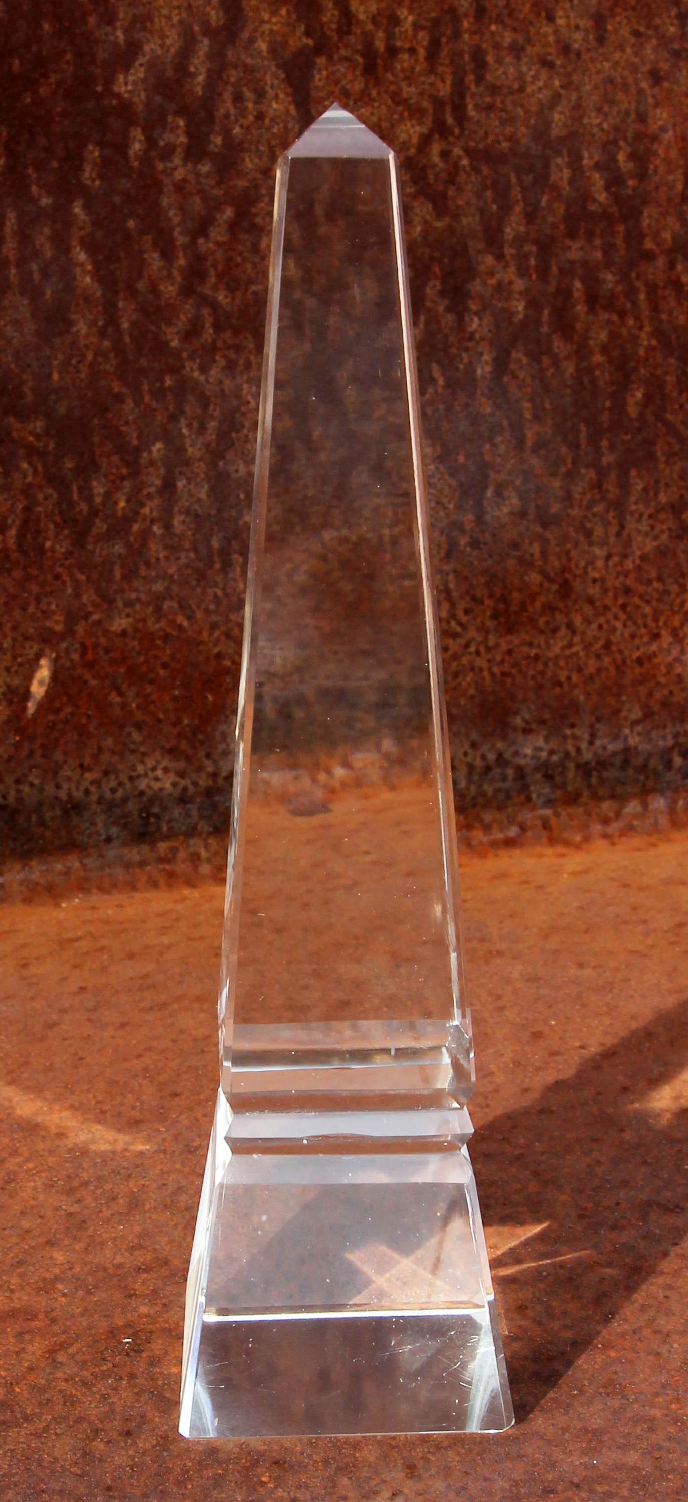 Clear crystal glass obelisk. Excellent quality.