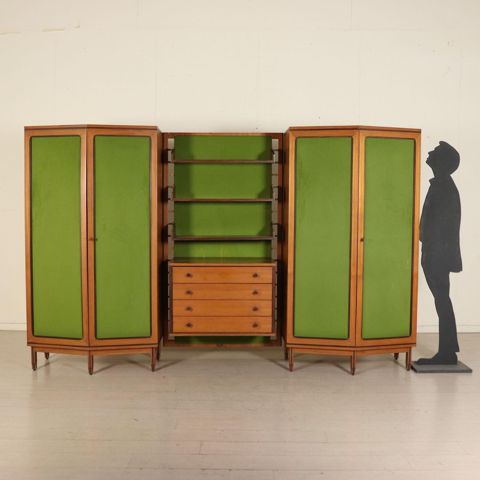 A wardrobe designed for La Permanente Mobili Cantù, open shelves, teak veneer, brass and fabric. Manufactured in Cantù, Italy, 1960s.