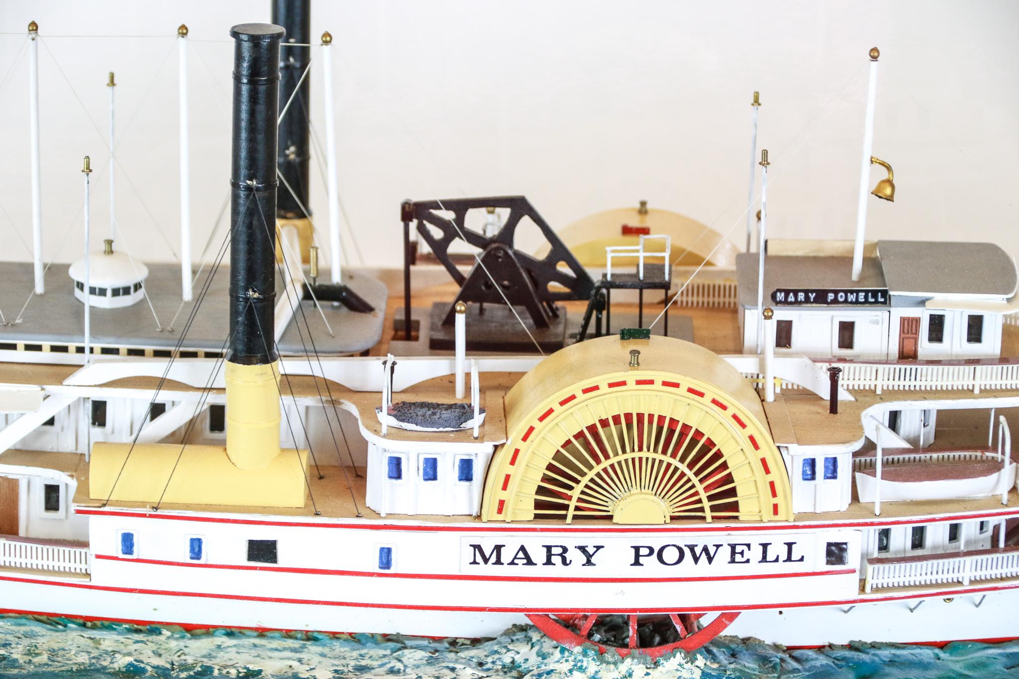 Hudson River day-steamer Mary Powell model in brass and glass display case. Very detailed.