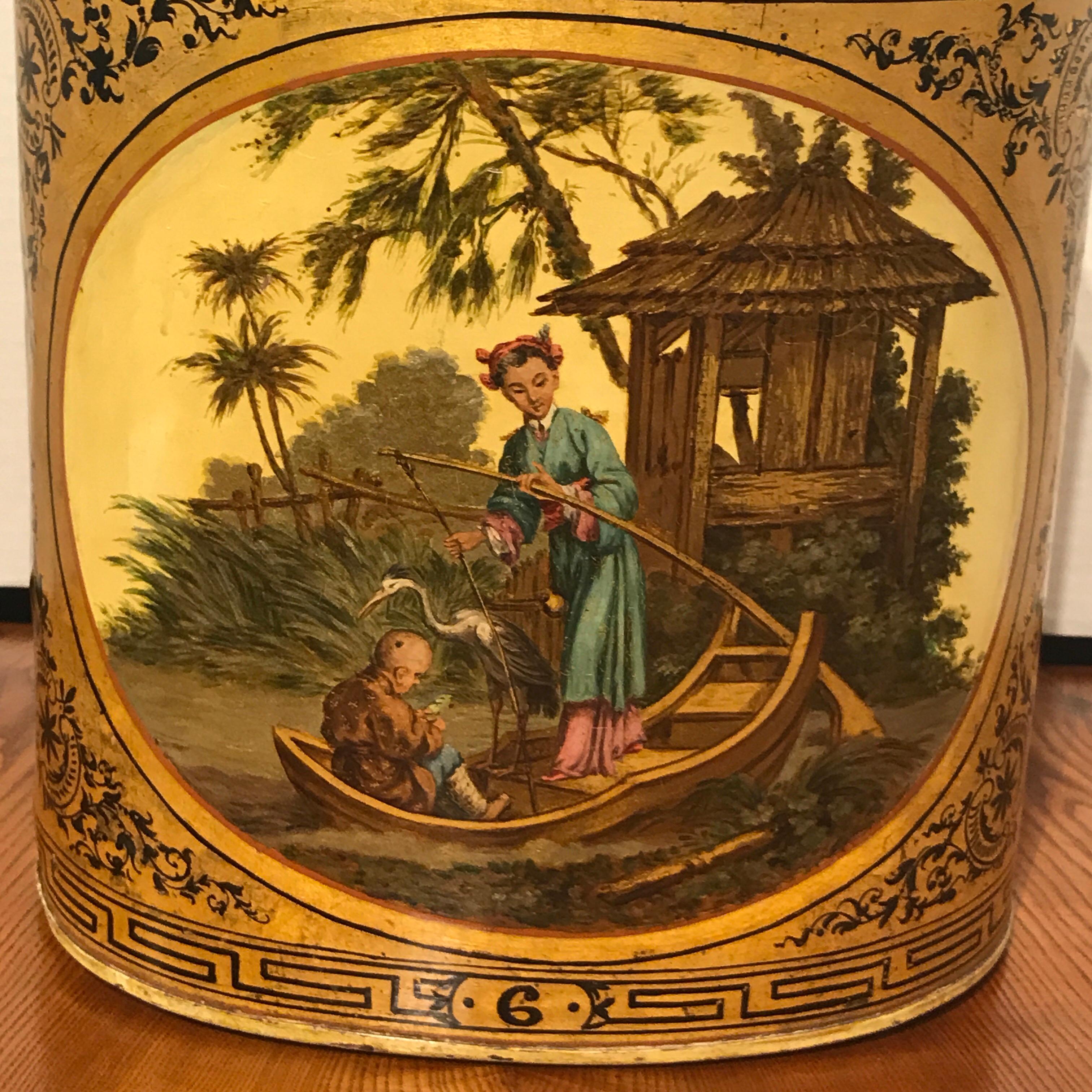 Antique English chinoiserie #6 tea caddy lamp, exquisitely painted garden scene with light yellow background. The Tea caddy alone measures 17