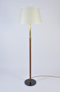 1950s Brown Leather and Brass Floor Lamp, in the Manner of Jacques Adnet
