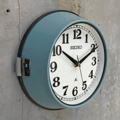 1970s Seiko Blue Retro Vintage Industrial Antique Steel Quartz Wall Clock