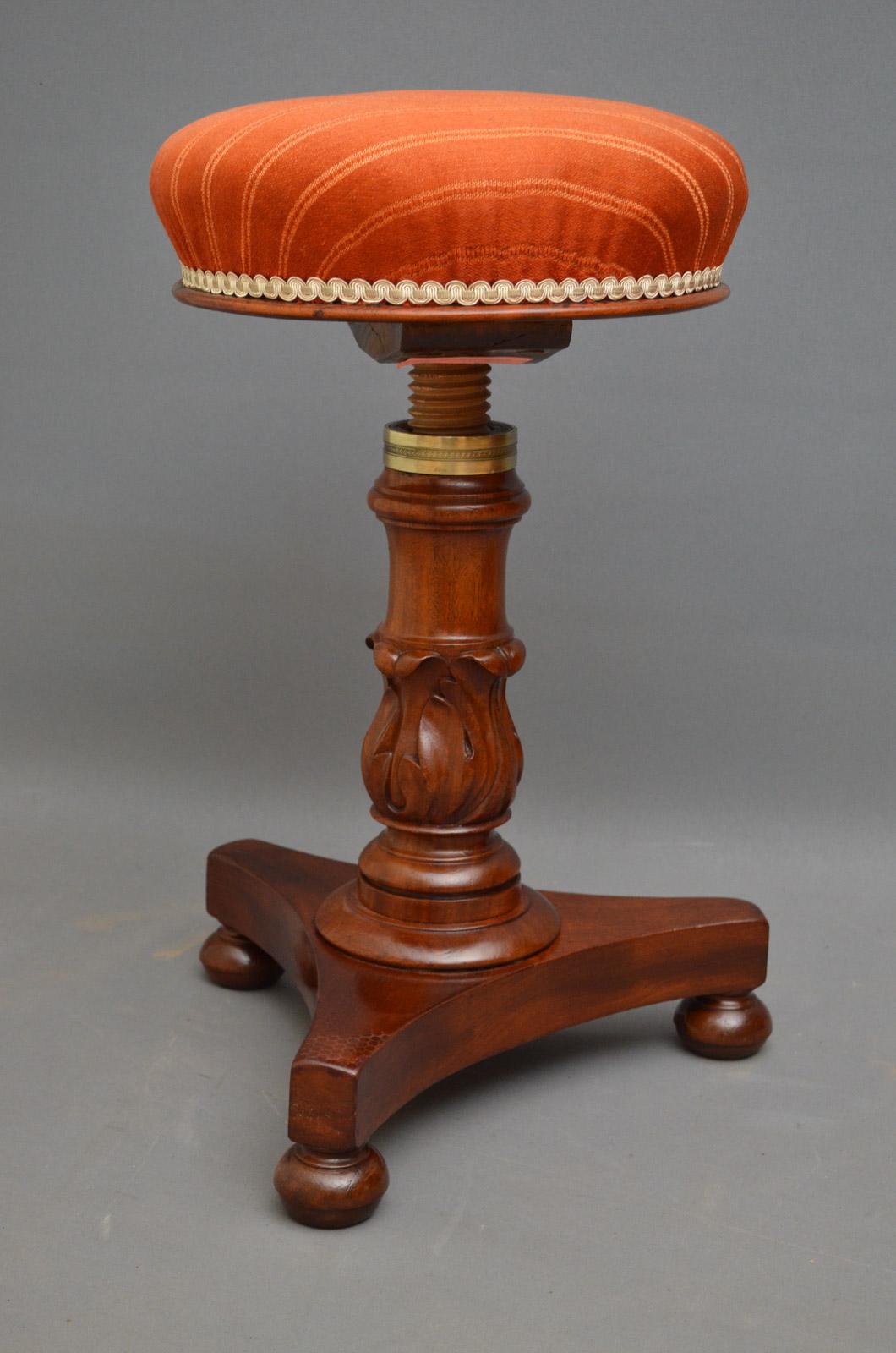 Sn3366 fine quality and very robust William IV, mahogany, height adjustable dressing table stool, having red cover seat on lotus carved column terminating in trefoil base and bun feet, all in fantastic condition throughout, circa 1830
Height