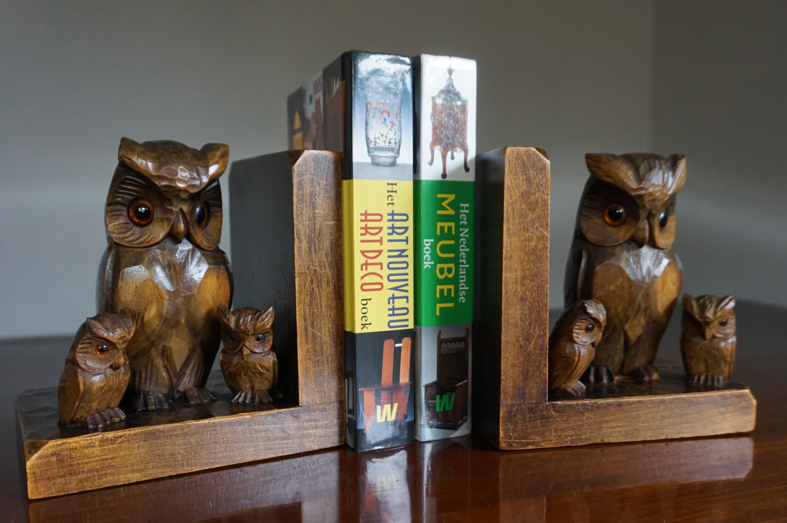 Small, but coolest pair of owls with offspring bookends.

Thanks to the wonderful combination of mature and young owls, these hand-carved bookends from the 1930s are an absolute joy to own and look. These sculptural bookends depicting the symbols of
