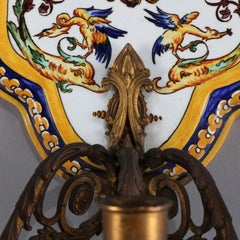 Pair of Majolica School Hand-Painted Faience Pottery Candle Wall Sconces by Gien