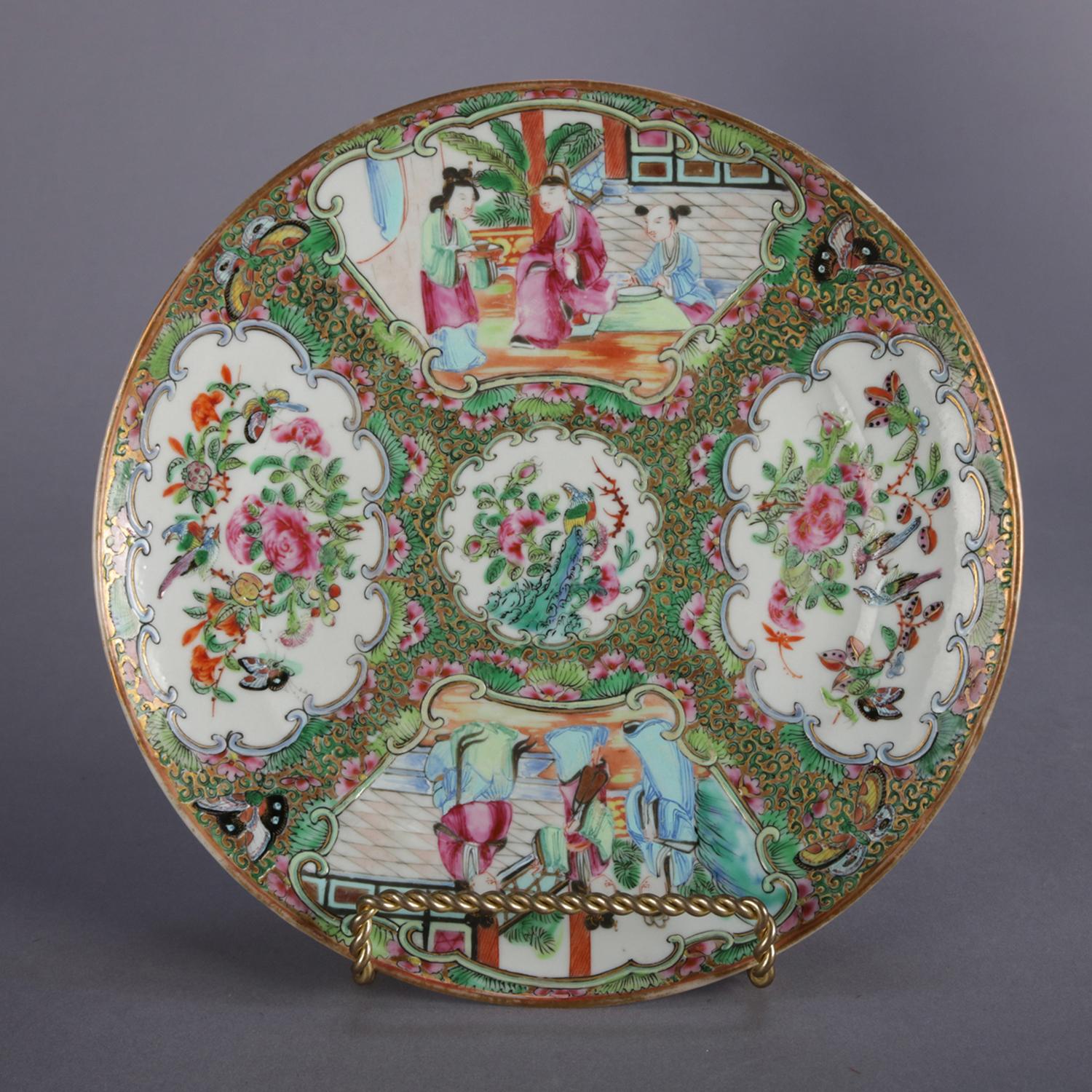 34 piece lot of antique Chinese Rose medallion hand enameled porcelain dining set includes a variety of patterns with traditional panels of village scenes and floral with borders having foliate and gilt highlights, circa 1900.

Set includes:
One