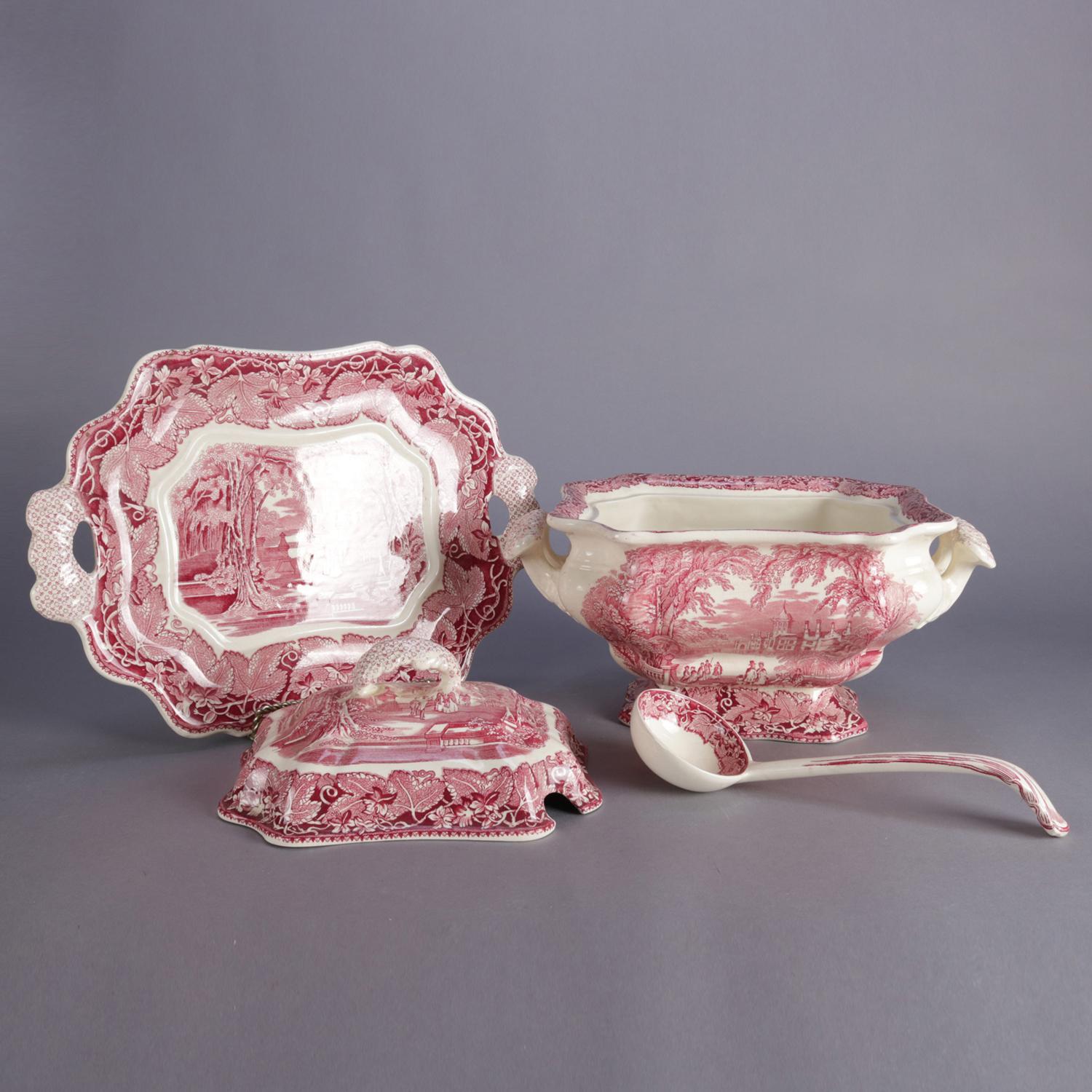 Antique English ironstone transferware tureen set by Mason's features red transferware Vista pattern, includes lidded double handle tureen with underplate and ladle, marked on base as photographed, 19th century

Measures: 11