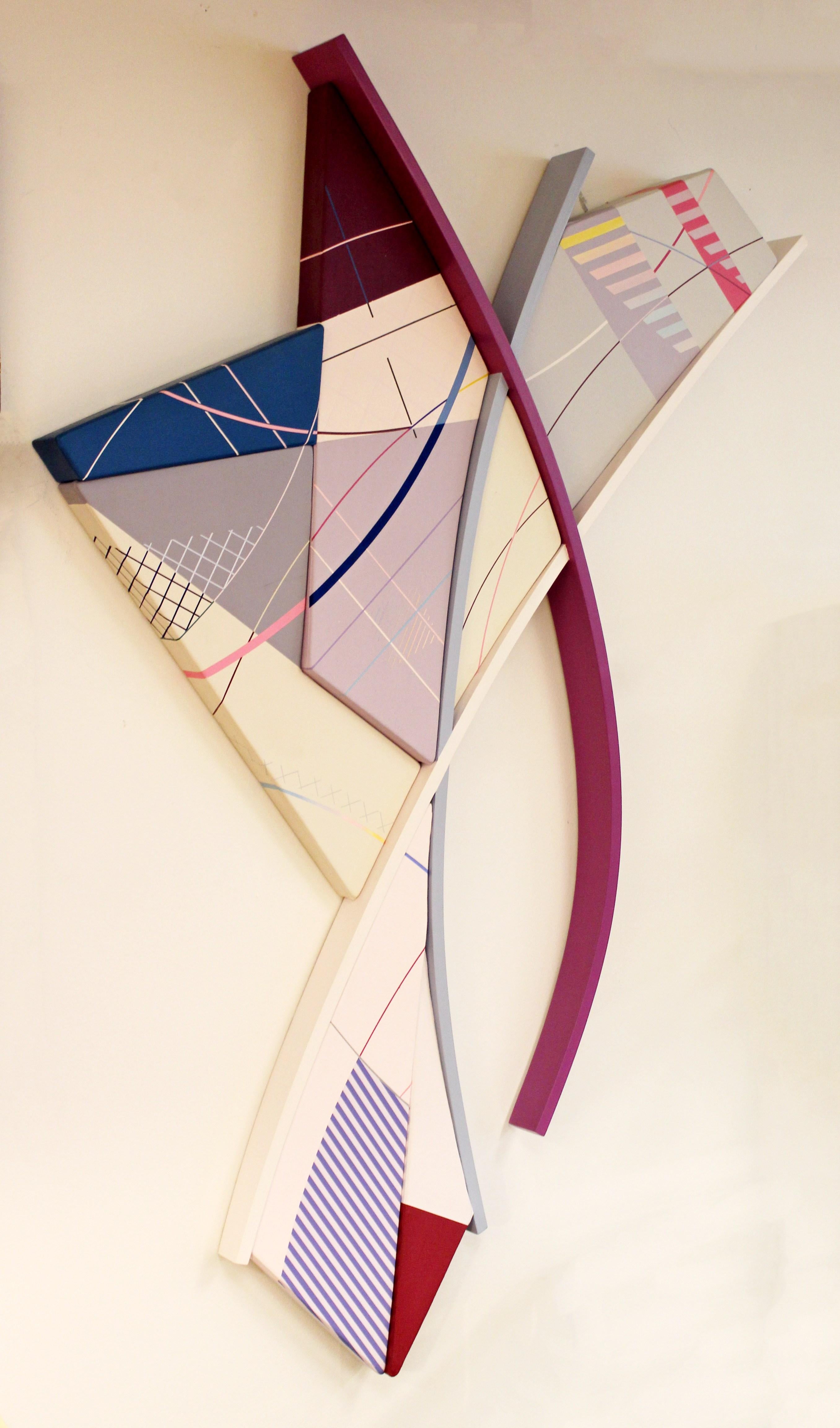 For your consideration is a strikingly lovely Op Art, hanging wall sculpture, signed Harold Linton dated 1995 and entitled 