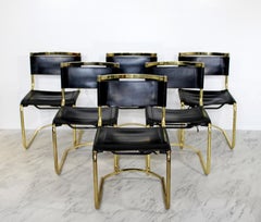 Mid-Century Modern 8 Brass Black Leather Side Dining Chairs Breuer Mies Era
