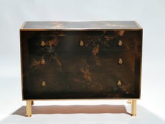 Rare Golden Lacquer and Brass Maison Jansen Chest of Drawers, 1970s