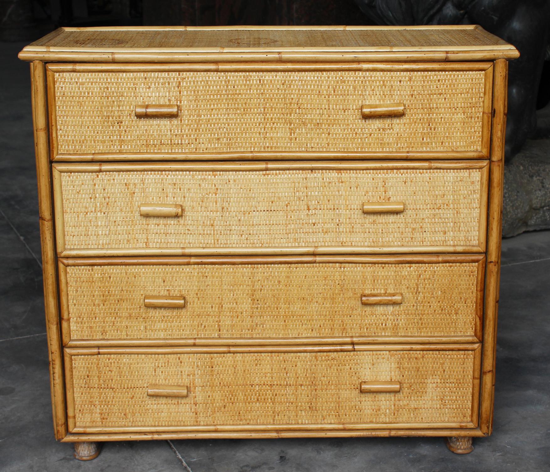 1980s Spanish bamboo and rattan four drawer chest.