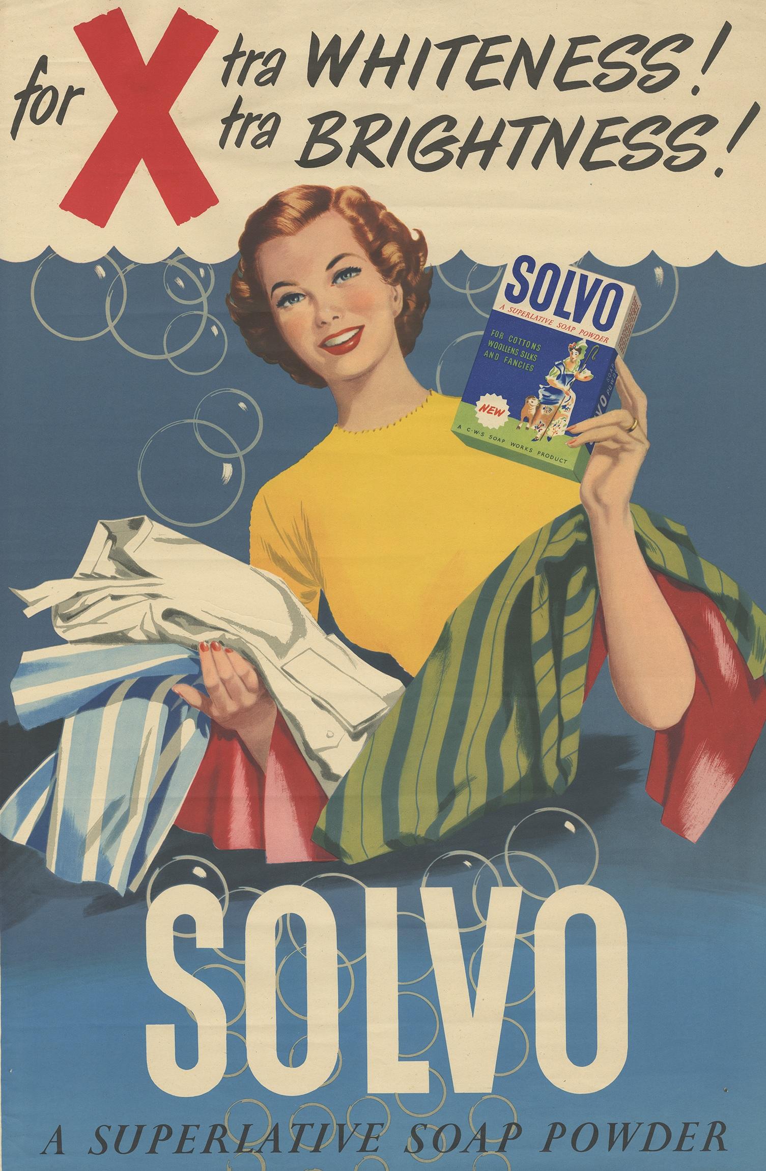 Beautiful British advertising poster titled 'Solvo, a superlative soap powder'. By C.W.S. Printing Works.

Shipped in tube.
   