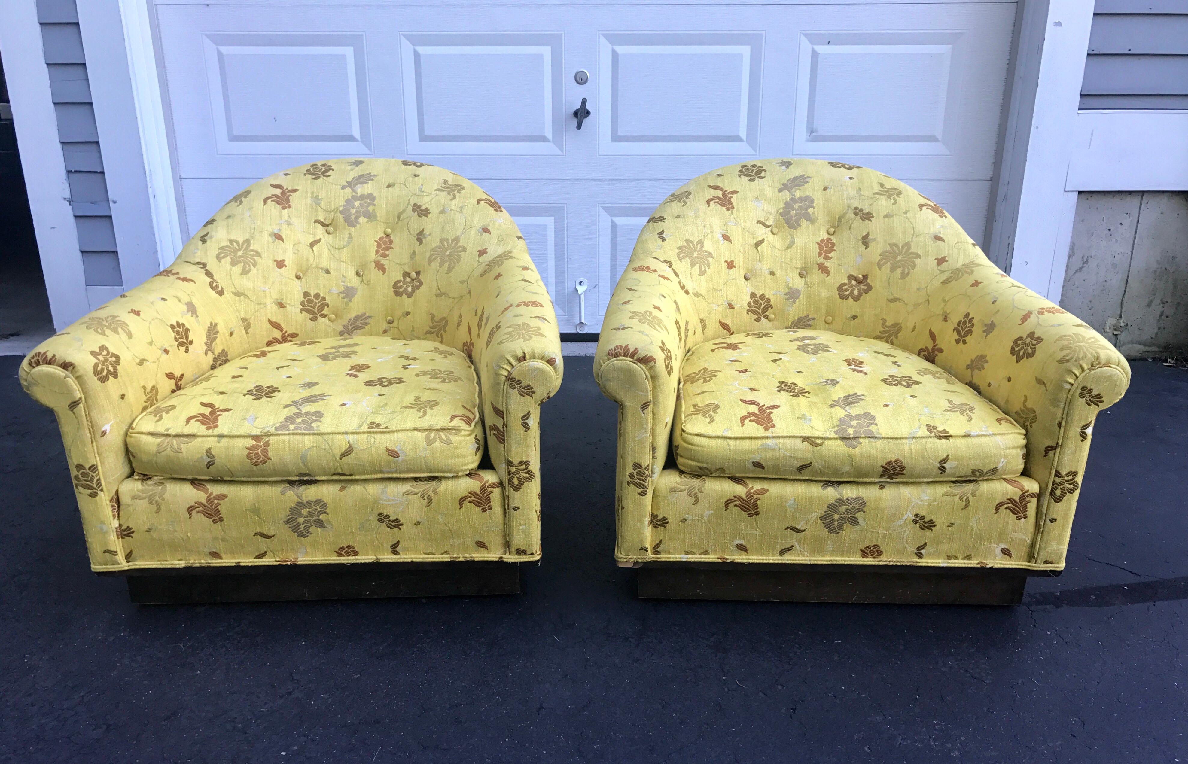 Gorgeous pair of matching Milo Baughman style barrel chairs on casters with newer Scalamandre upholstery which is magnificent.