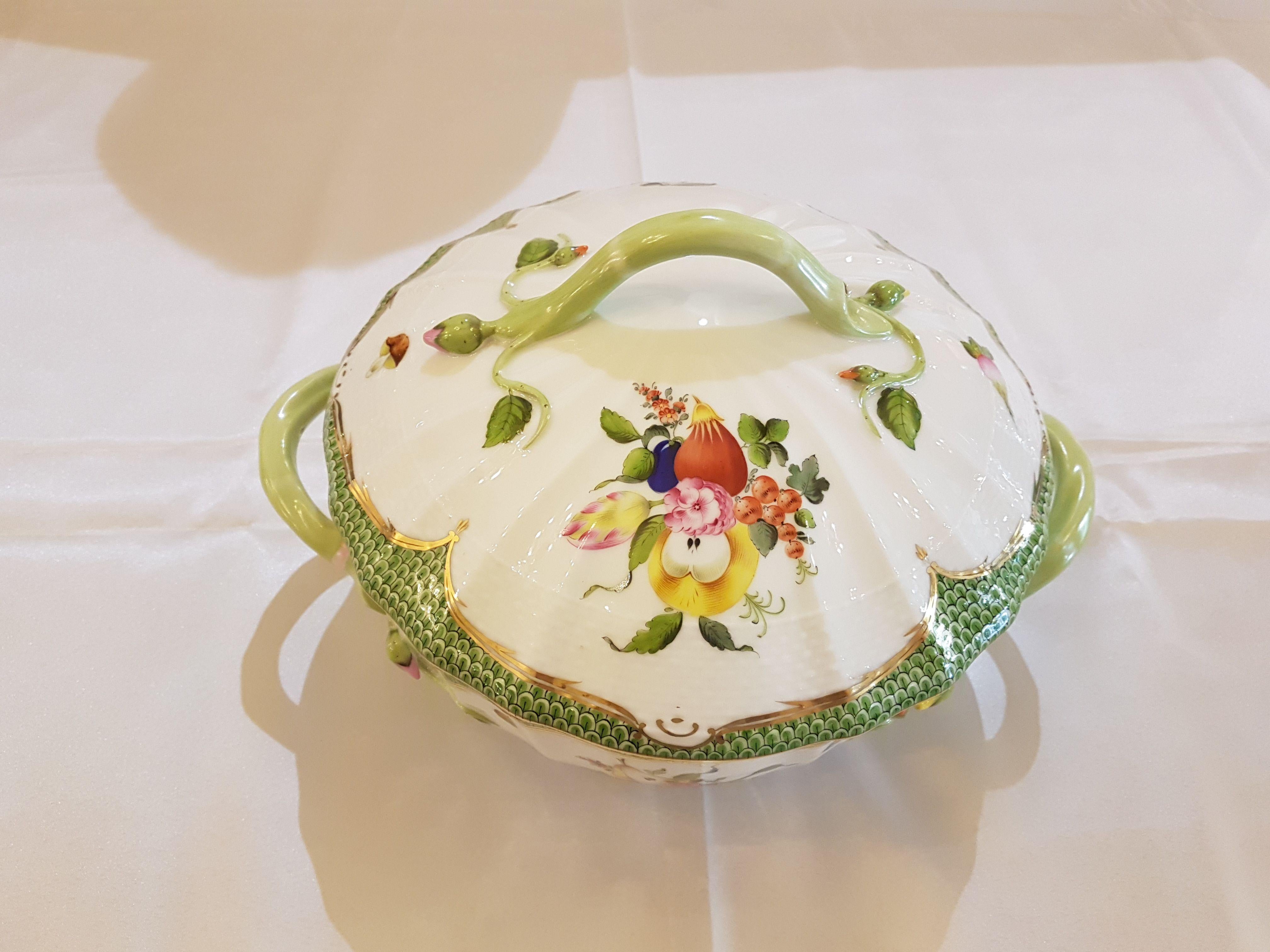 Interesting, colorful pair of hand-painted Hungarian porcelain tureen by Herend.
