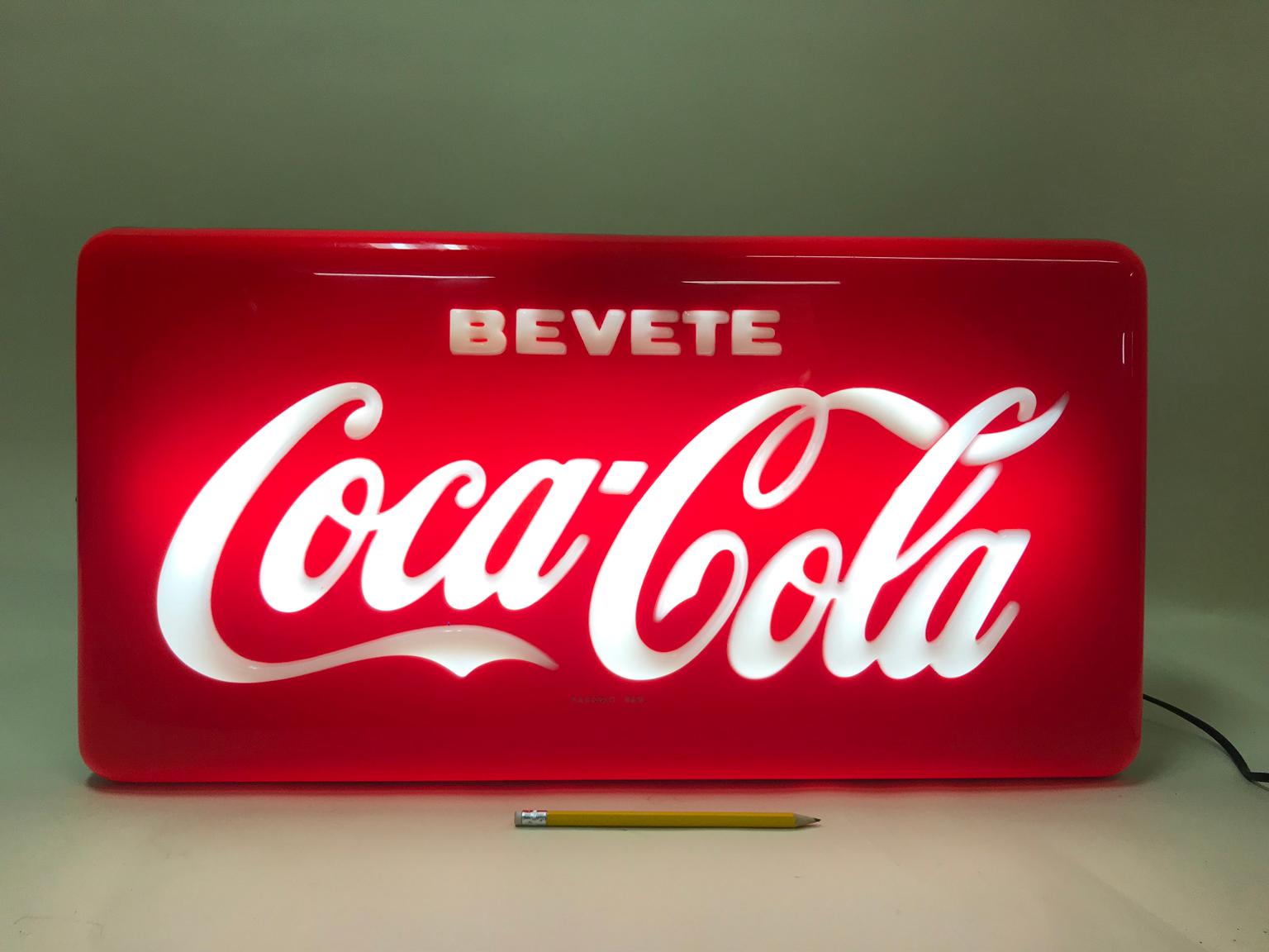 Bevete Coca-Cola (Drink Coca-Cola) illuminated sign with relief letters produced in Italy in early 1960s. This very rare sign it was displayed inside a selected numbers of Italian bar.

 