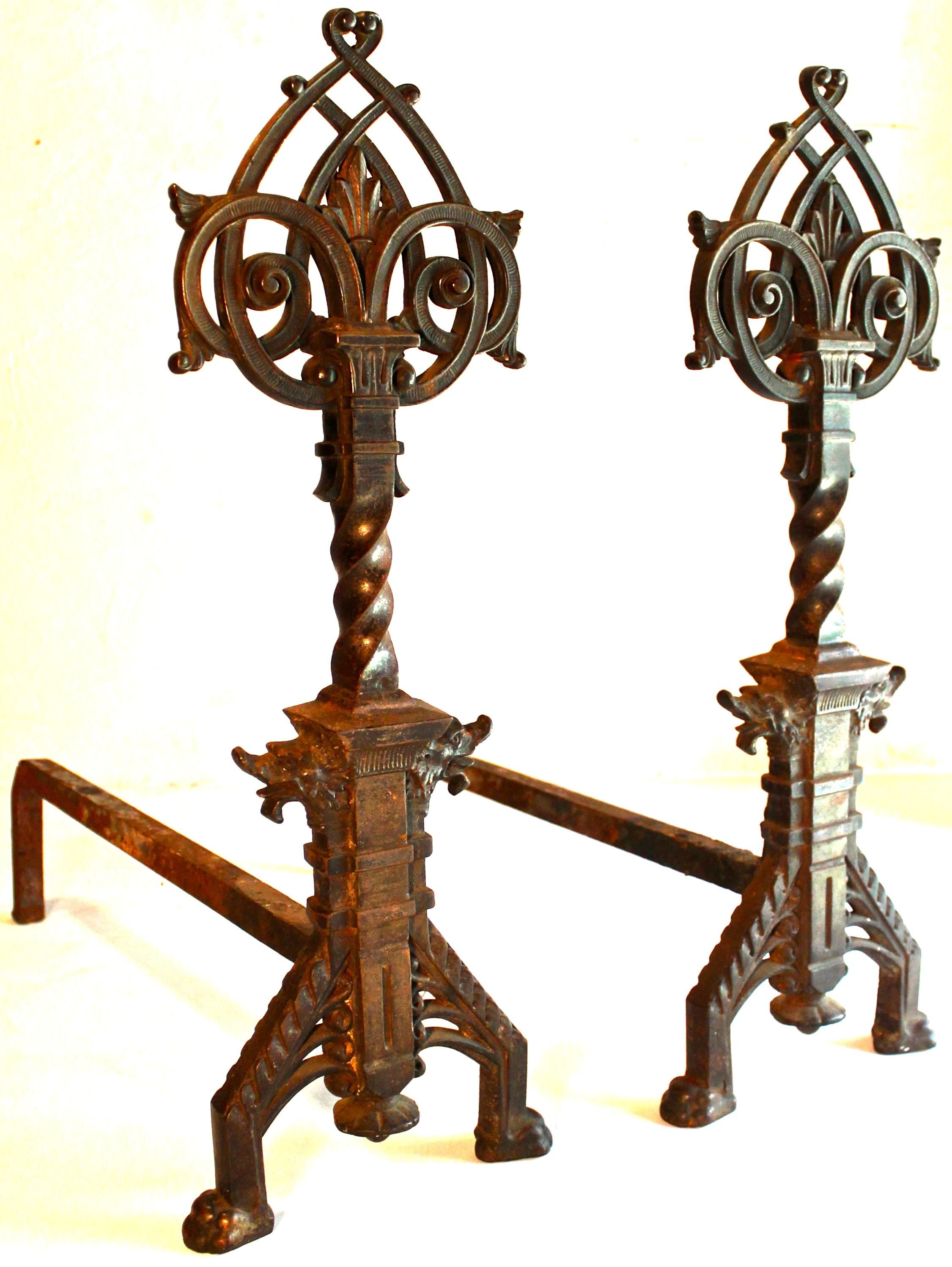 Important andirons by Dr. Dresser manufactured of cast iron by the Coalbrookdale Company. Contains many of the iconic Christopher Dresser design elements.