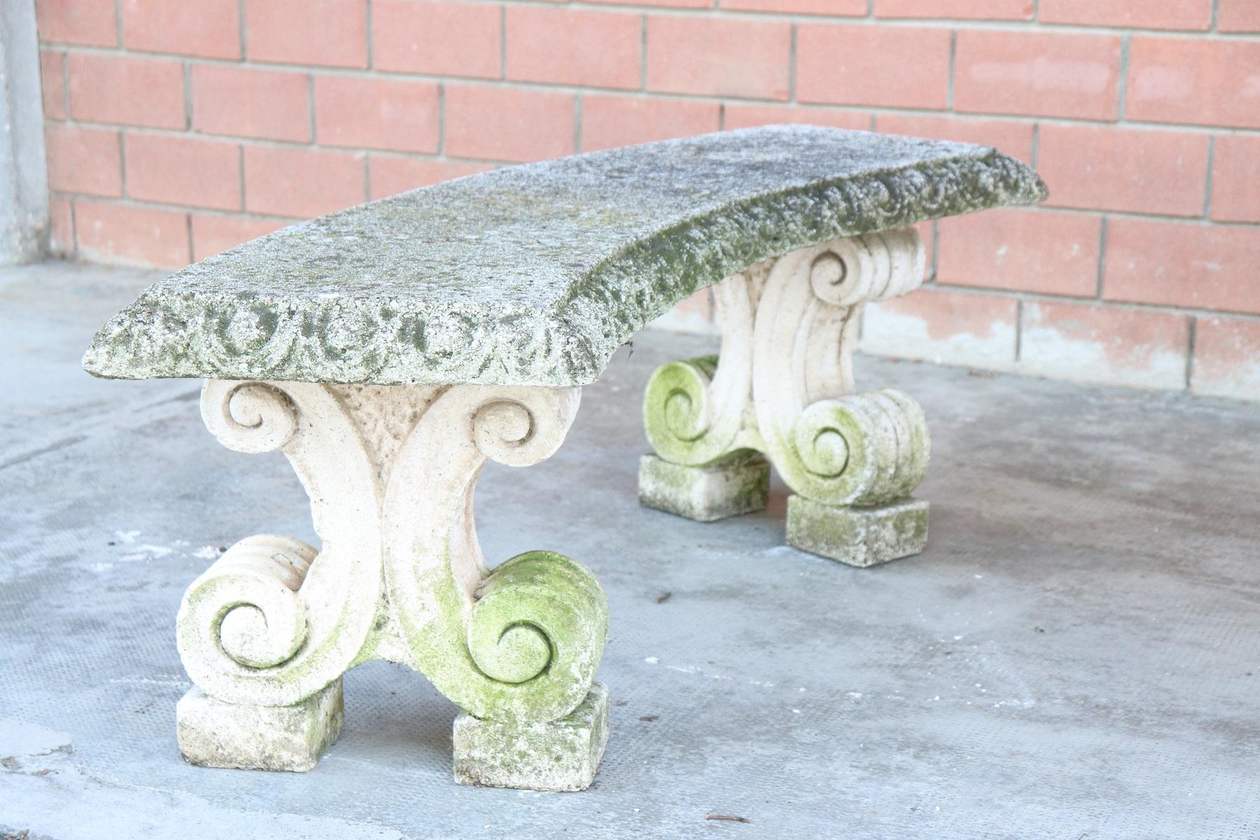 Beautiful garden set consisting of a round table and two benches. This beautiful garden furniture is used comes from a large Art Nouveau villa in northern Italy. made of cement, circa 1930, about outdoor furniture, dimensions of great effect,