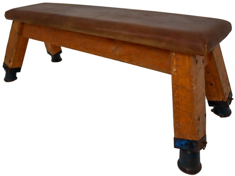 European Vintage Patinated Leather Gym Bench Or Table Circa 1950s