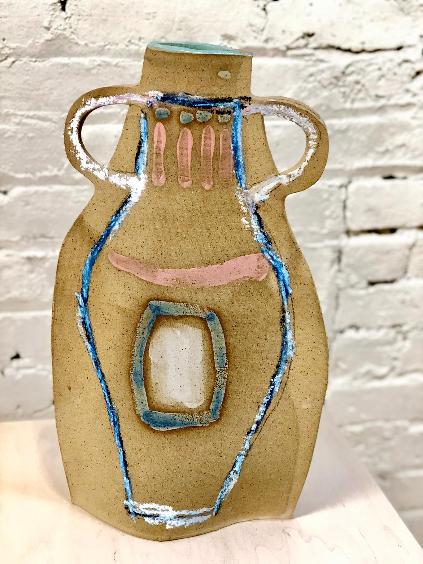 This tall painted double-handled flat vase by Alison Owen is made through Owen's skillful hand-building technique, utilizing thin slabs of speckled buff stoneware, hand painted on the outside with rich pink, red and white oil stick and blue glaze,