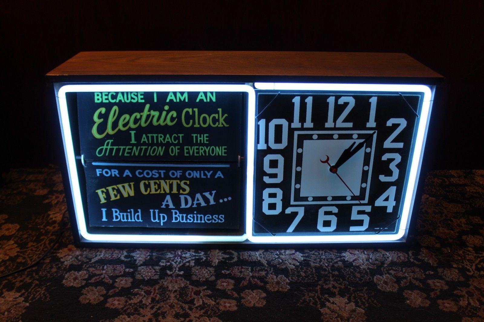 This clock was made to advertise for local business' in the area. When turned on this table clock has a section that rotates the advertising while illuminating the blue neon light. Believed to be a salesman sample due to having the carrying case.