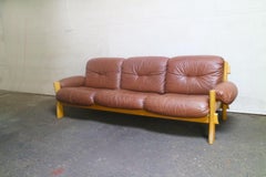 Danish Mid-Century Modern 1970s Brown Leather and Pine Sofa