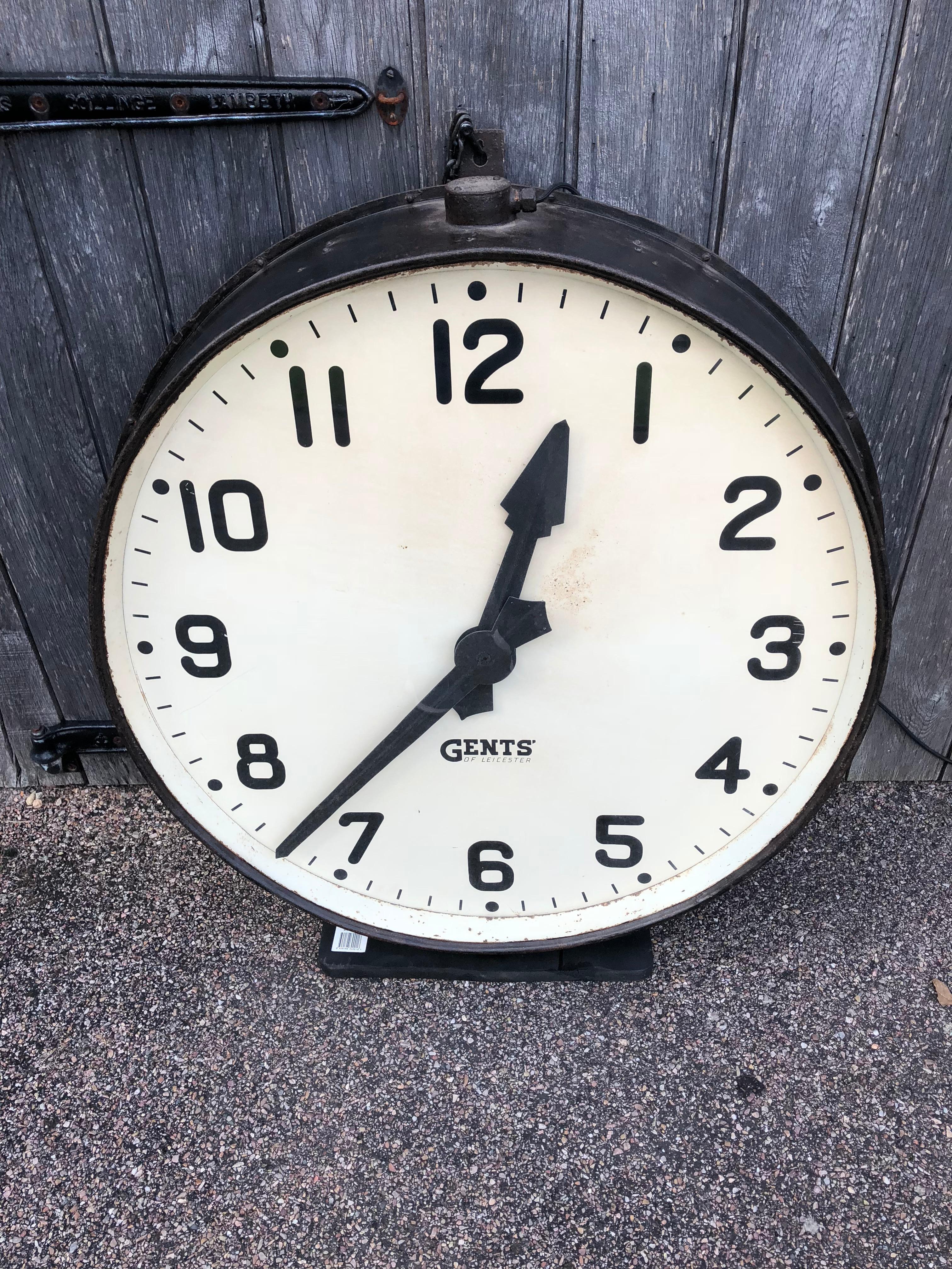This huge clock face is 94 cm across with fixing points extra. The case is made of steel. We have fitted a new 240v mains driven unit and the clock is PAT tested. The clock came form a colliery in Wales, originally made by Gents of Leicester to a