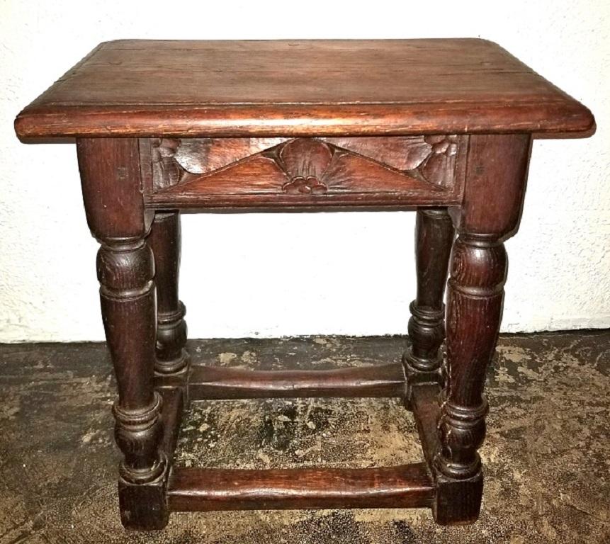 Presenting an absolutely stunning 16th century renaissance carved Spanish oak stool, with amazing provenance. It was purchased by a Wealthy Dallas Family from a French Antique Auction held at the Club Room in the Stoneligh Court (Hotel), Dallas on