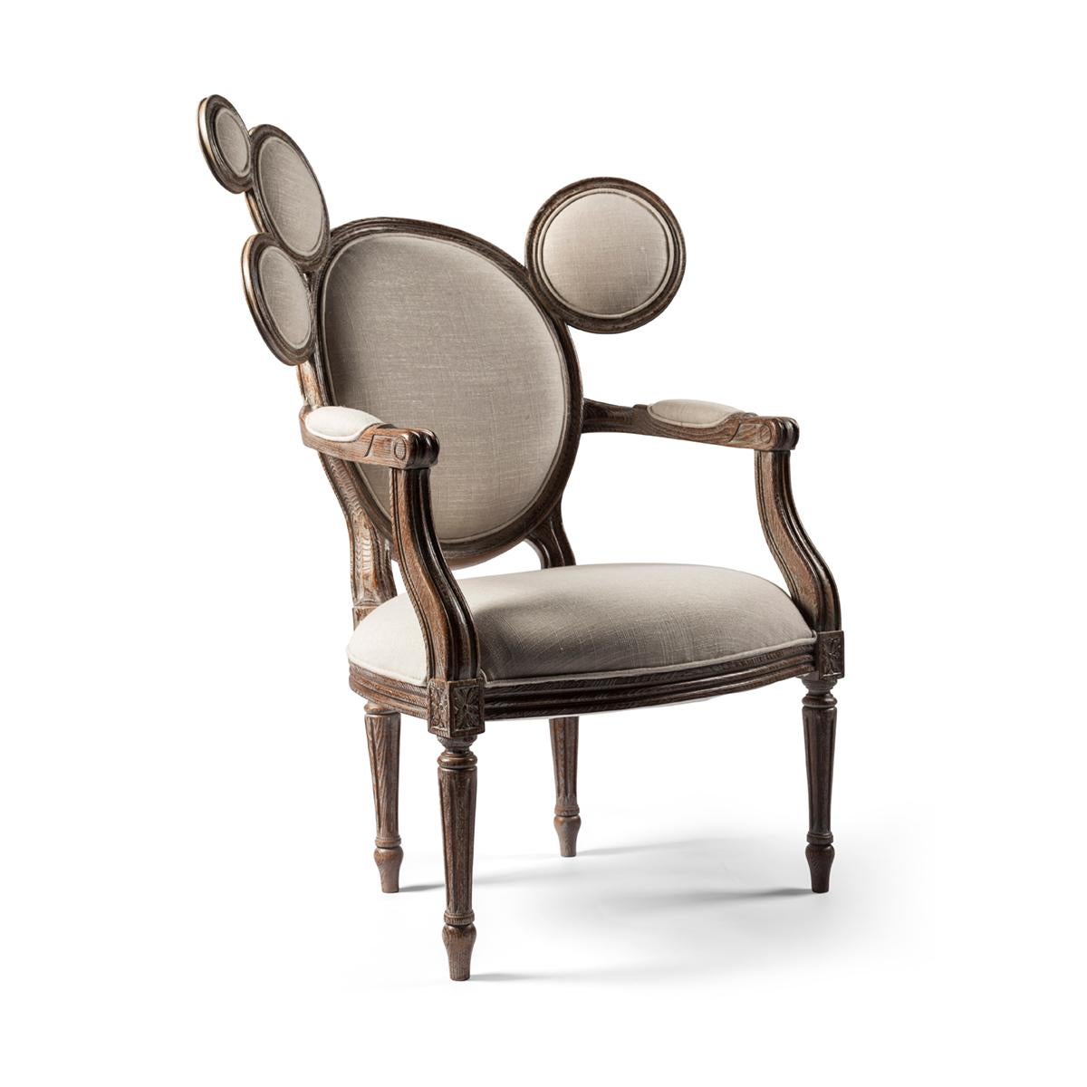 Subverting is nothing more than revolving from the bottom up and then disarrange an established idea. With this in mind, this re-reading of the traditional Louis XVI armchair subverts its original shape. The Classic piece gains appliques in the back