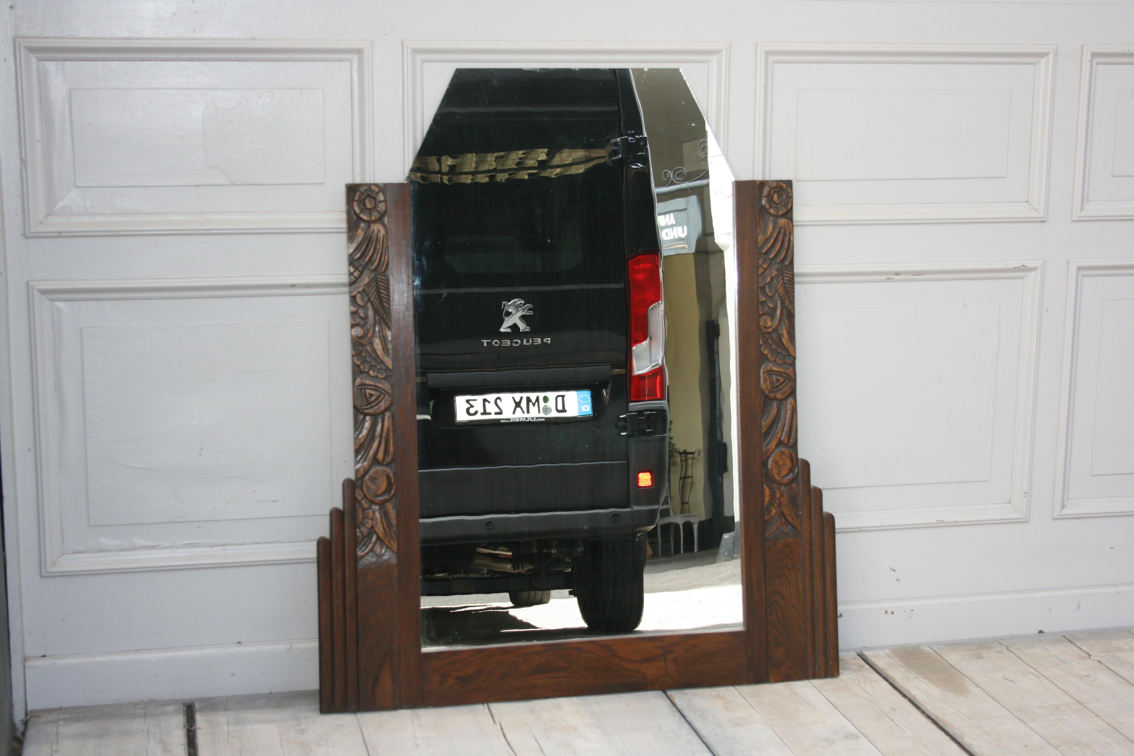 Original old Art Deco mirror with oak frame.
Dimensions: 110 cm x 95 cm.
 