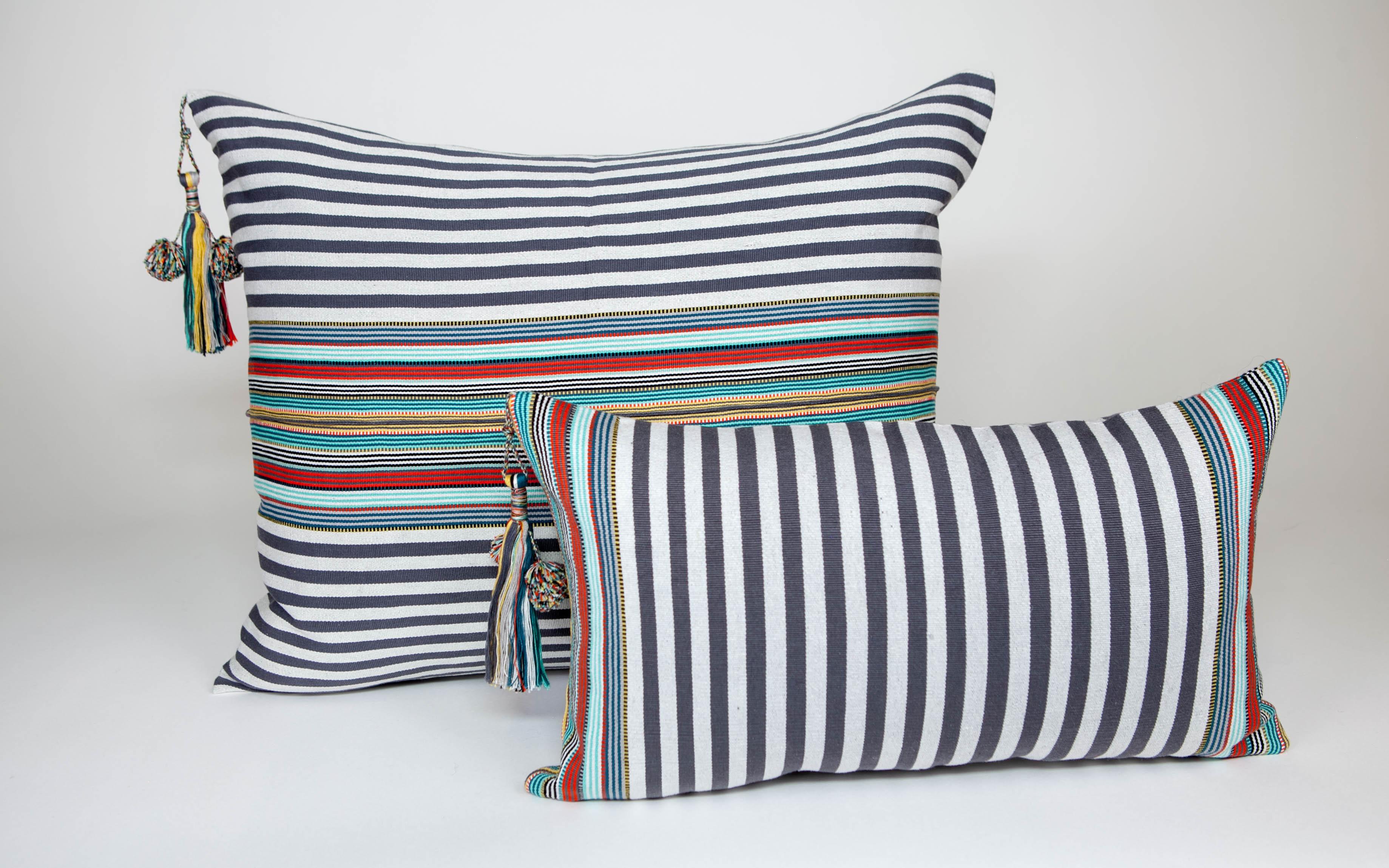Hand-Woven Sancri Cotton Throw Pillow - Handwoven Mexican Gray Red Green Stripe Cushion For Sale