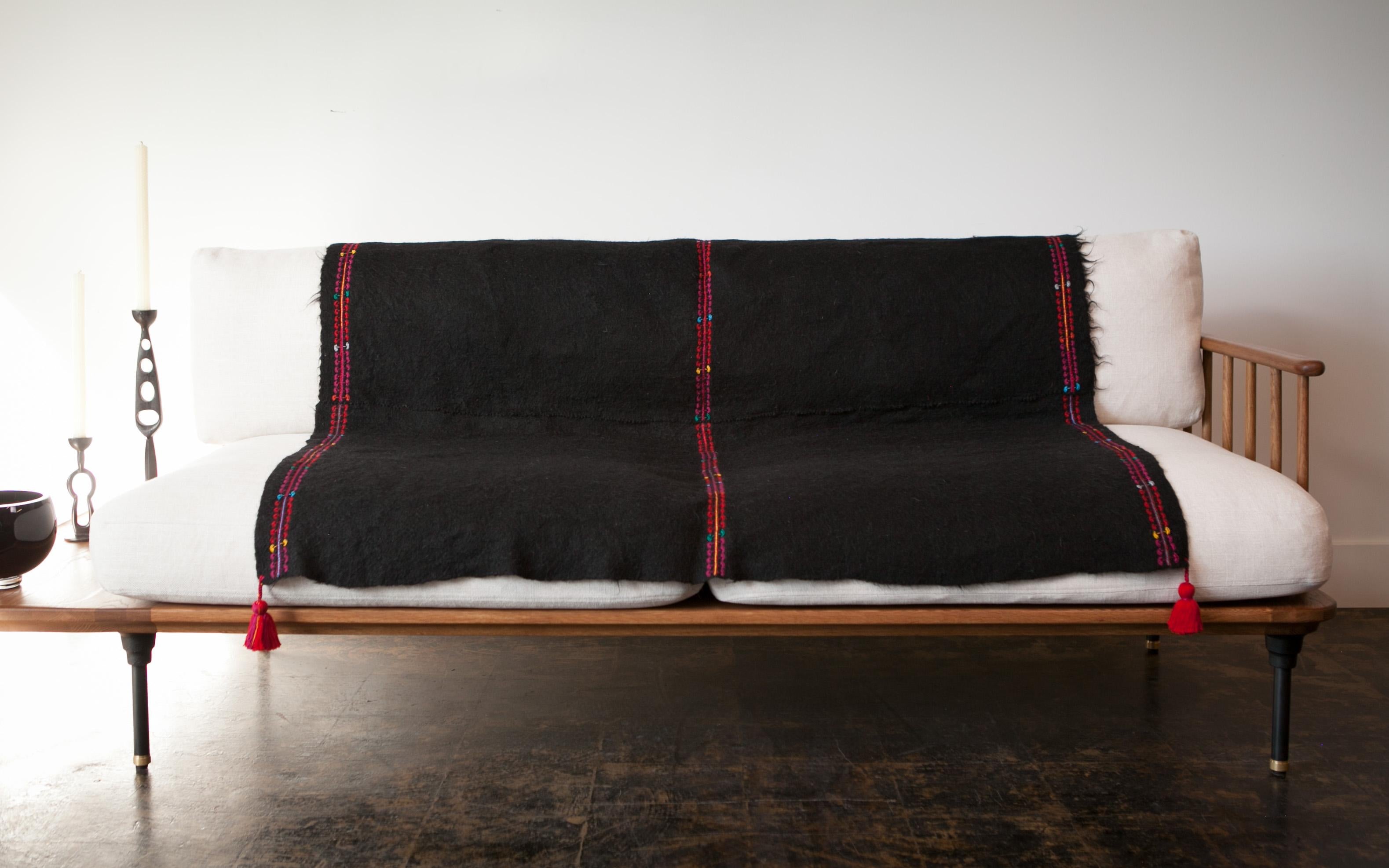 One of a Kind Handwoven Wool Throw in Black with Red Tassels, in Stock In New Condition For Sale In West Hollywood, CA