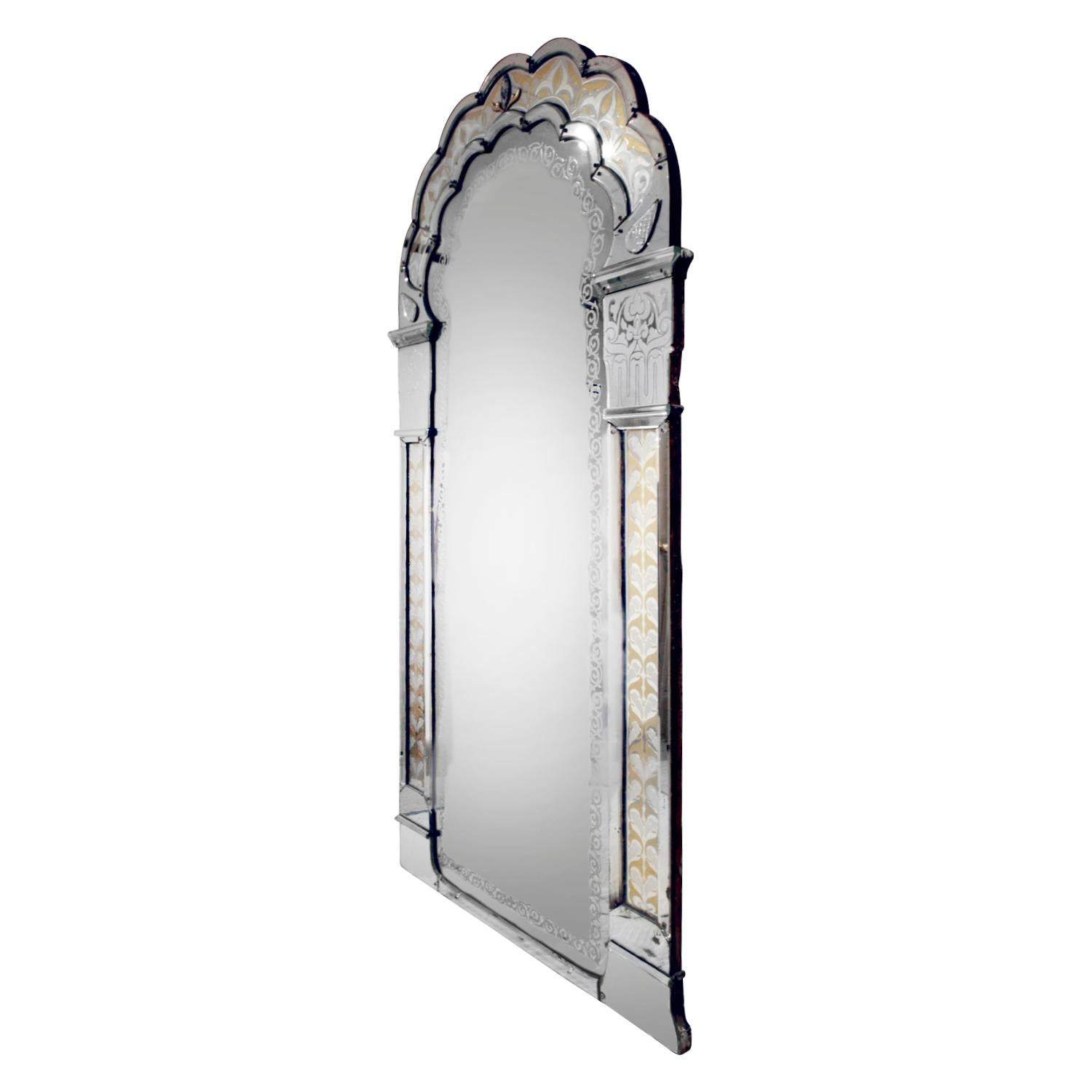 Monumental wall hanging mirror with etched and colored reverse design, Venice 19th century.

Condition: Very good, age appropriate losses, wear and patina.