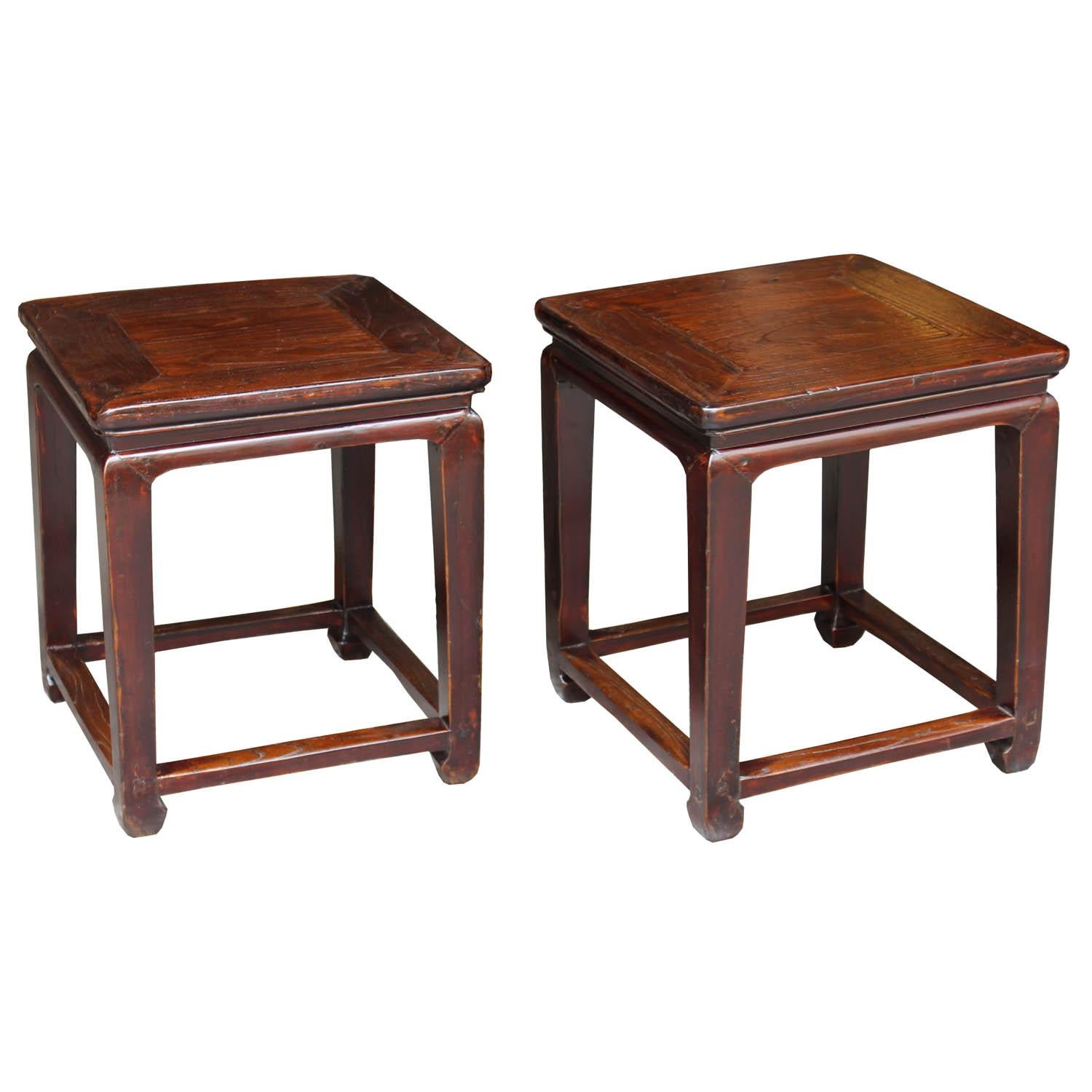 Elm Ming style side table with beautiful elm grain has a recessed top, bottom support bars and elegant horse-hoof style feet. Versatile to use as coffee tables in front of a sofa or as side tables next to armchairs.