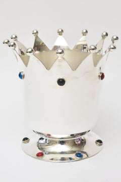 Mid-Century Modern Silver Plate & Glass Stone Crown Ice/ Champagne Bucket/ Bar