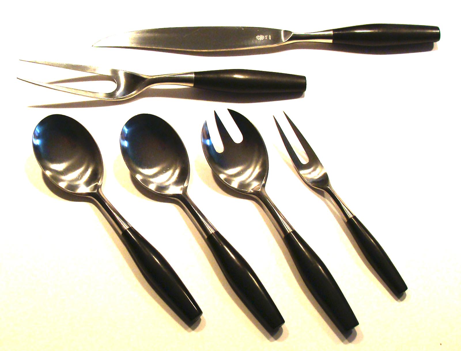 Vintage Dansk Kongo serving/accessory pieces designed Jens Quistgaard to accompany iconic flatware (see separate listing). Crafted, circa 1958. Sold as a set of thirteen (13) as shown in photo. Featuring stainless steel with ebony nylon handles