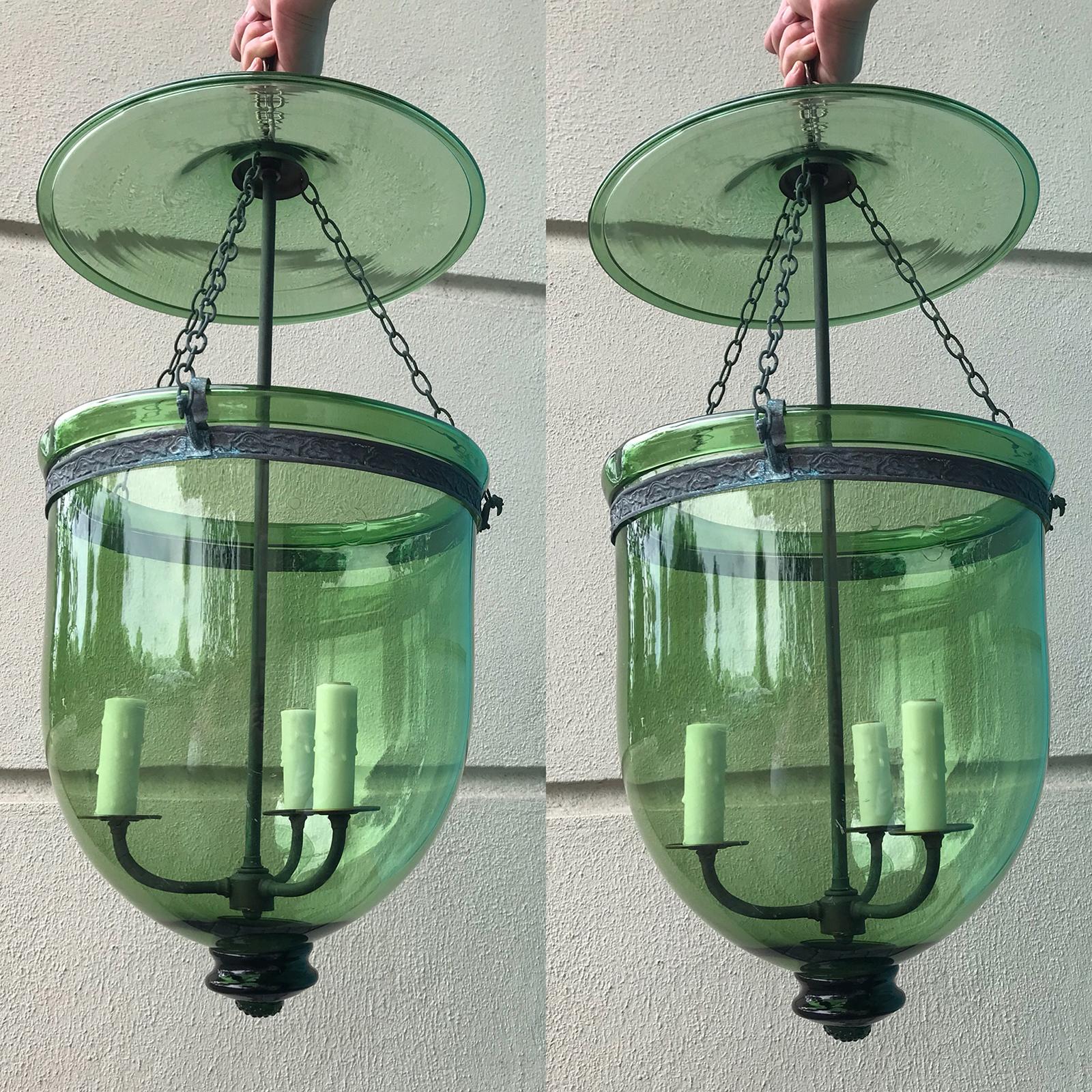 Rare pair of green 19th century George I style English hanging bell jar lanterns.