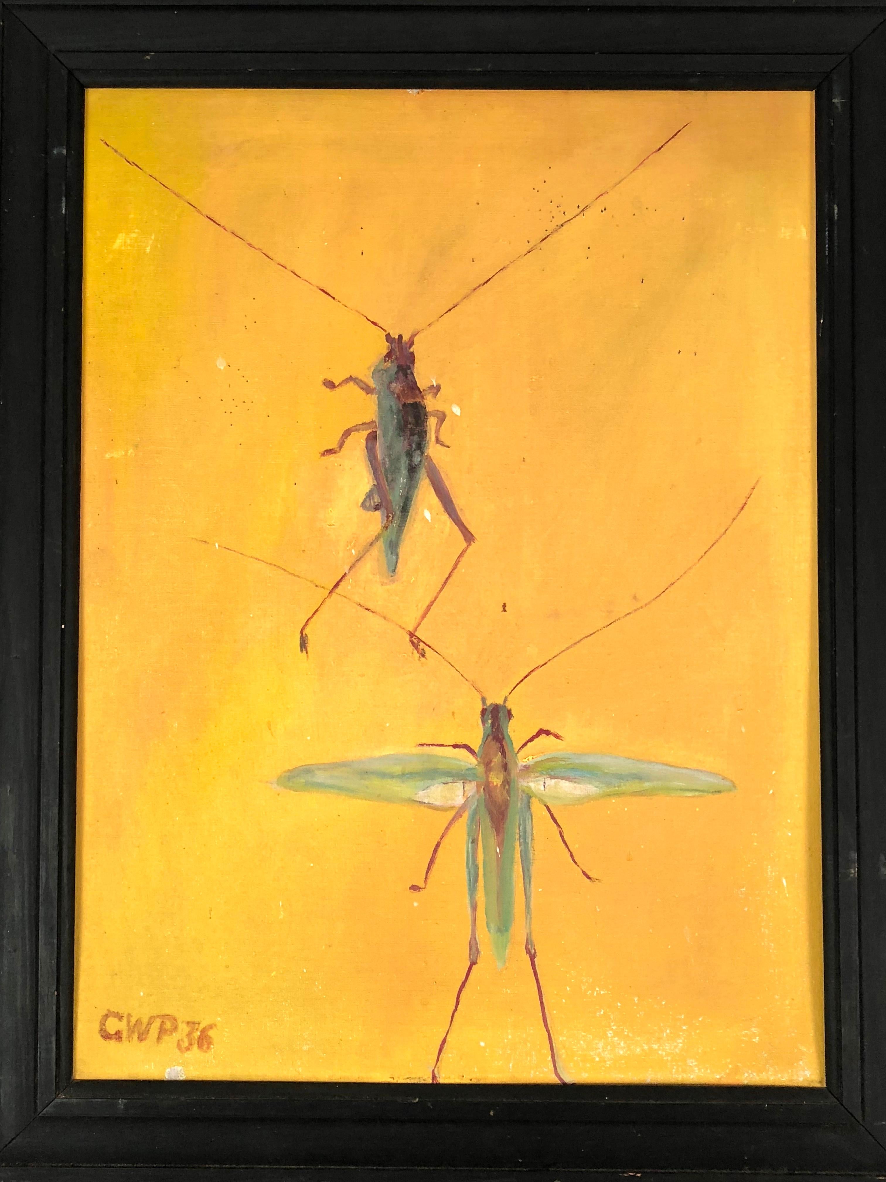 An unusual and decorative painting, oil on board, of two grasshoppers, or other long insects with long antennae, on a bright yellow background, signed and dated lower left GVP, George Pierce, 1936. In its original, old black painted frame.