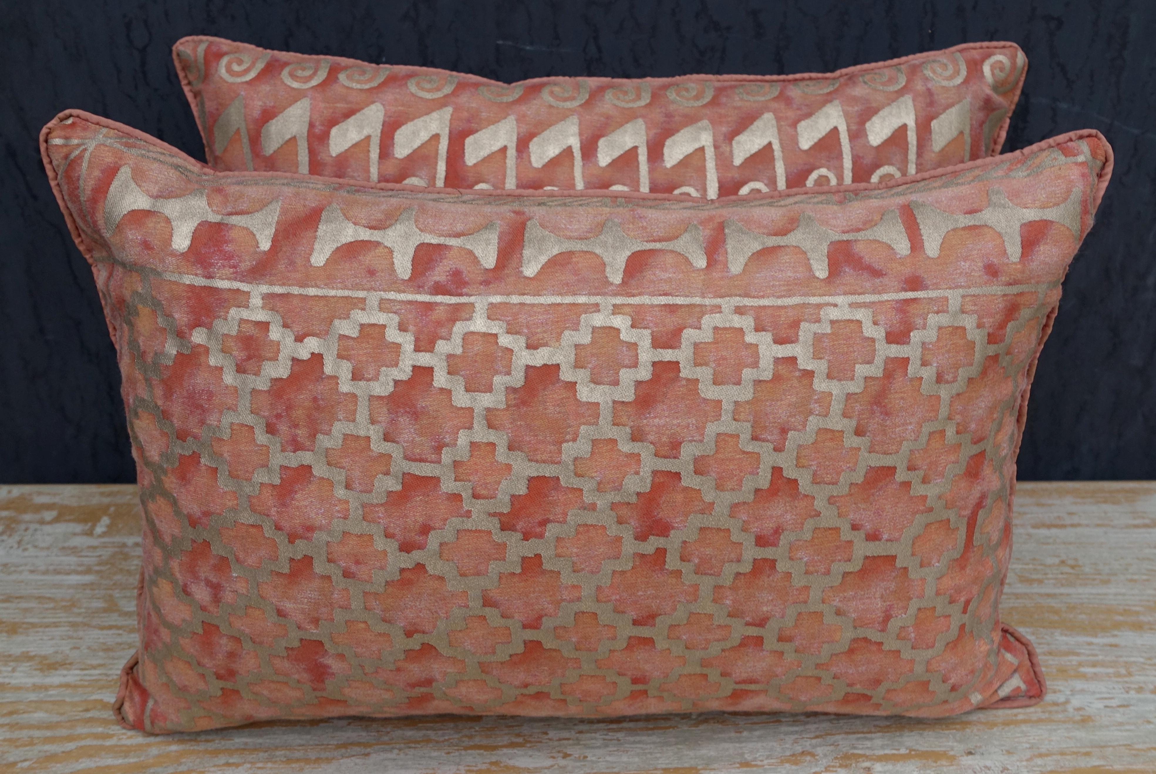 Pair of unique custom blush and silvery gold colored Fortuny pillows with blush colored silk backs and self cord detail. Patterns differ on pillows per photos.