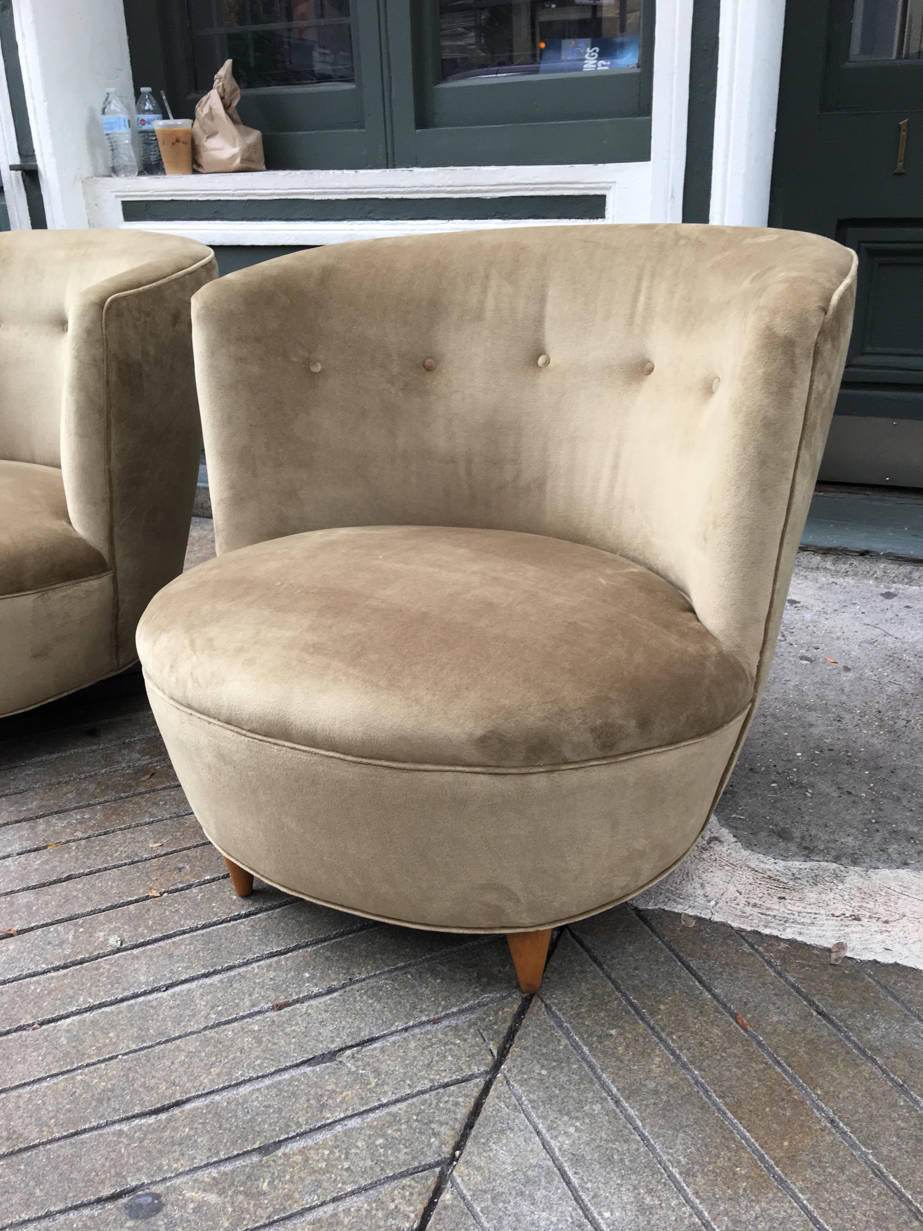 Barrel chairs in the styles of Billy Haines with maple legs comfortable and having a small foot print perfect for small spaces. Camel colored velvet fabric is new .