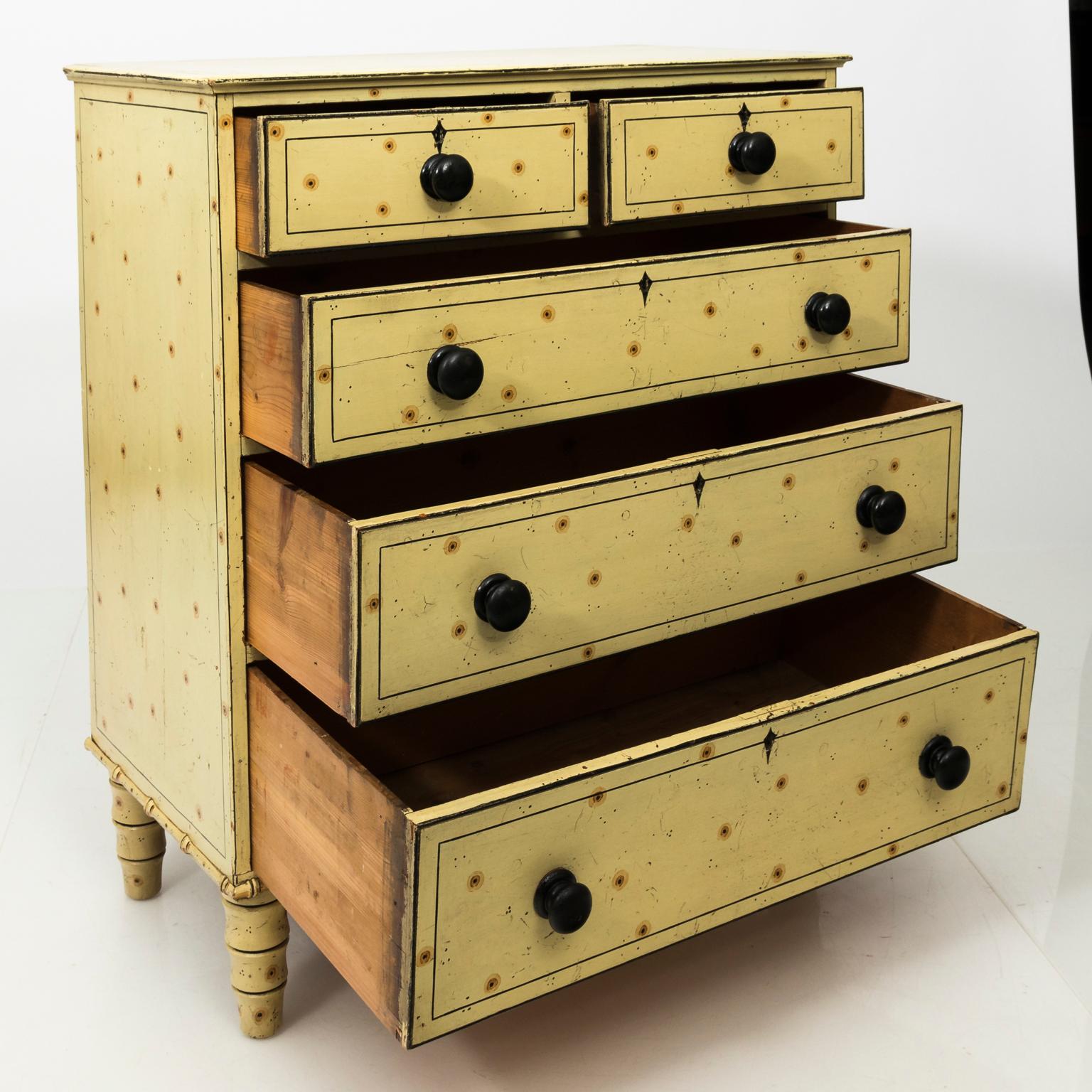 Faux bamboo five-drawer chest in a green painted finish, circa 1890.
 