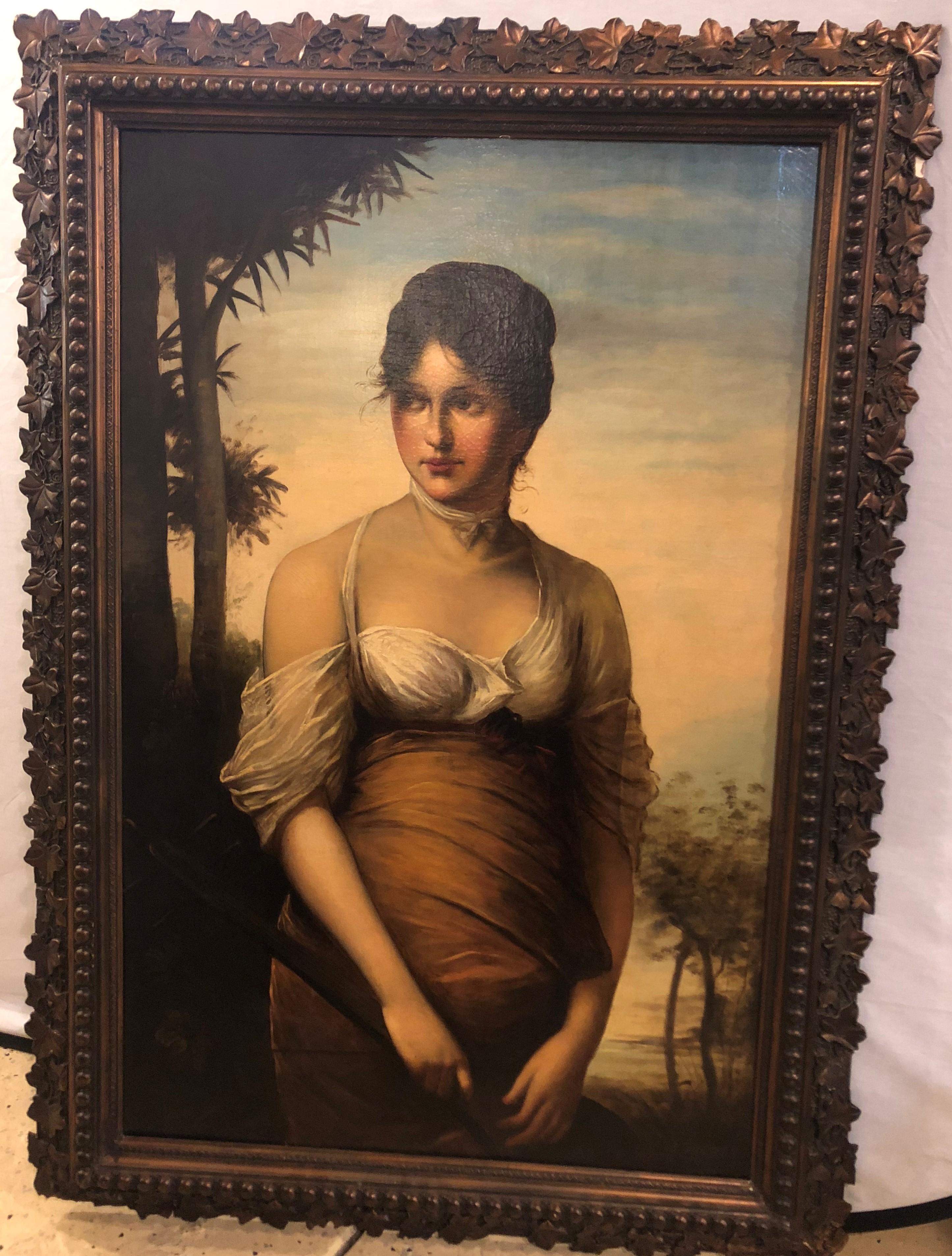 A 19th Century Oil On Canvas A Portrait Beautiful Maiden Signed A.Zienert. This finely detailed oil on canvas is simply stunning as the young woman seems to follow you as you gaze at her. The portrait set in a copper stained and polished frame