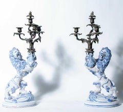 Pair of 19th Century Galle Faience Lion Candleholder with Silver Candelabra
